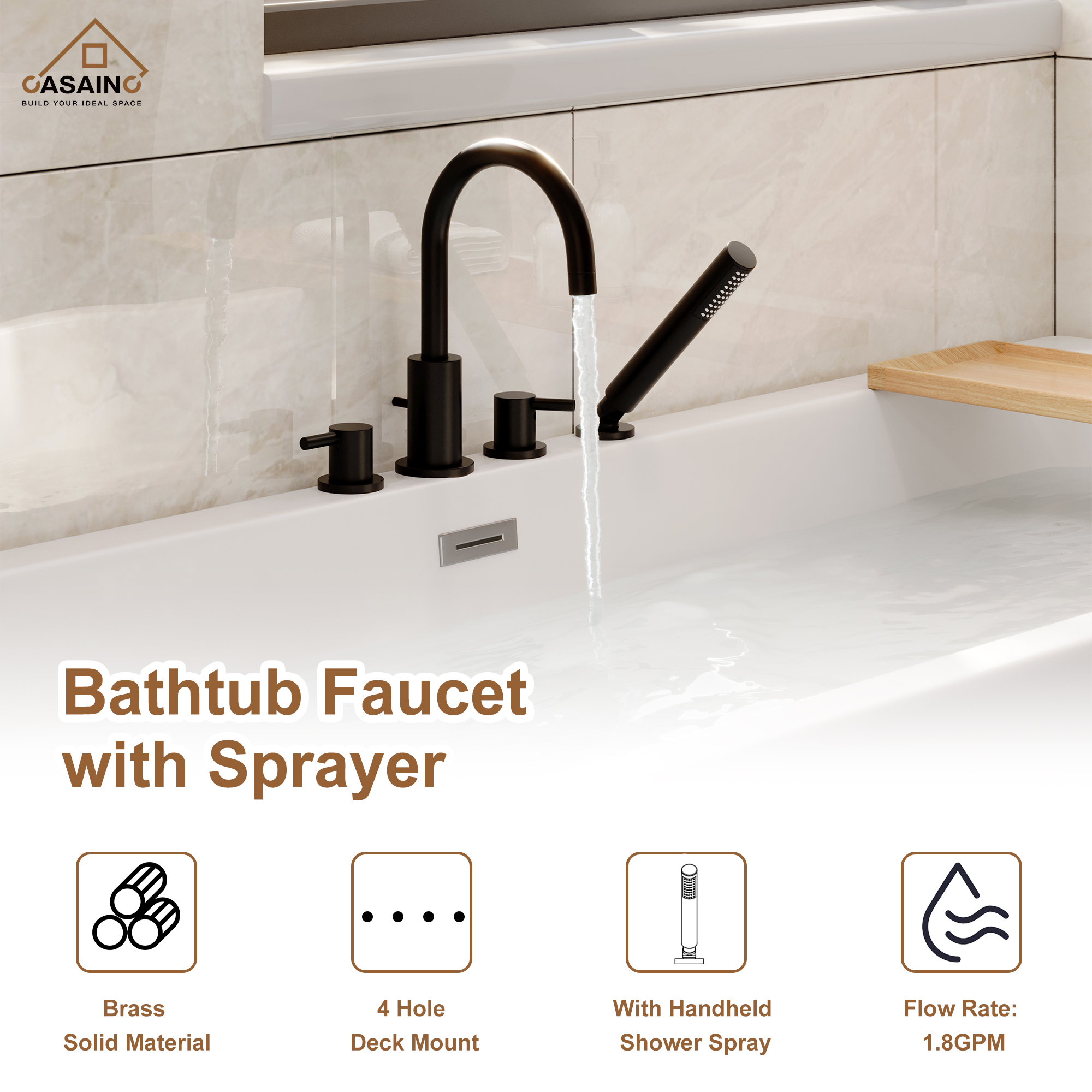 2-Handle Deck-Mount Roman Tub Faucet with Hand Shower in Matte Black