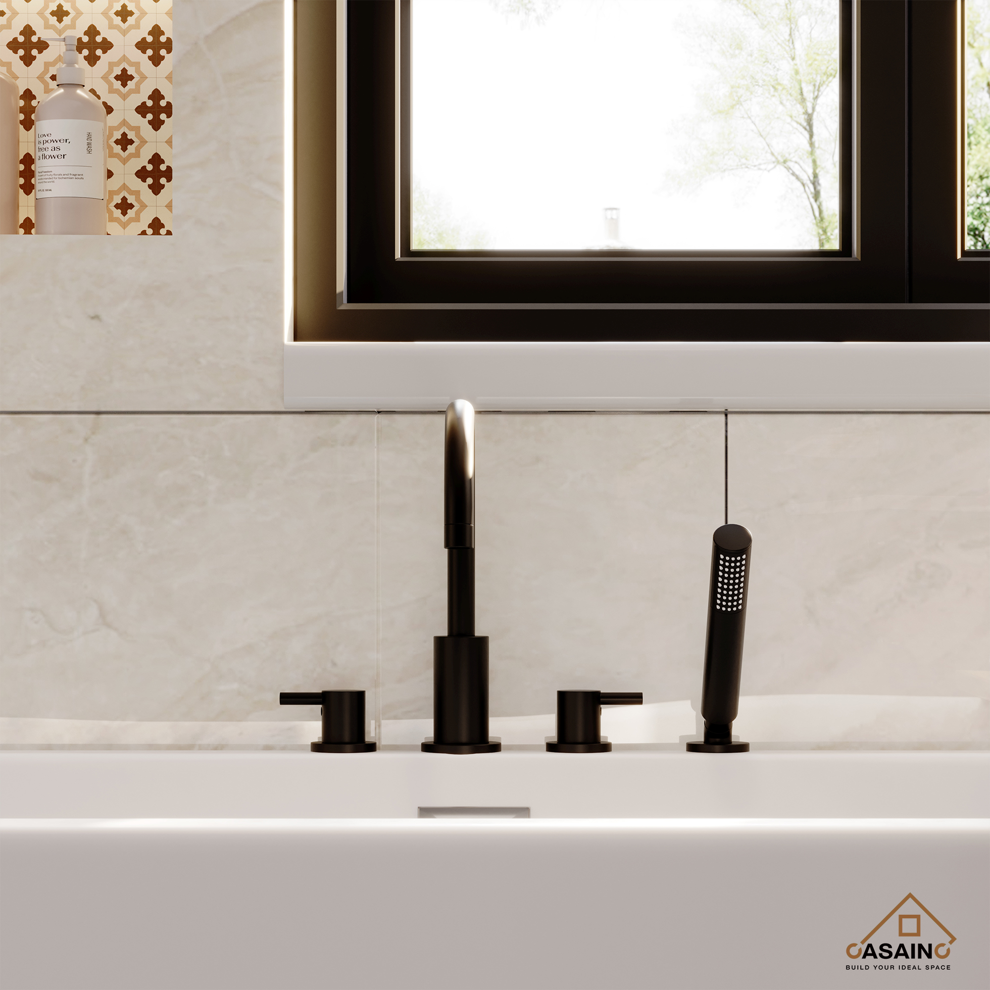 2-Handle Deck-Mount Roman Tub Faucet with Hand Shower in Matte Black