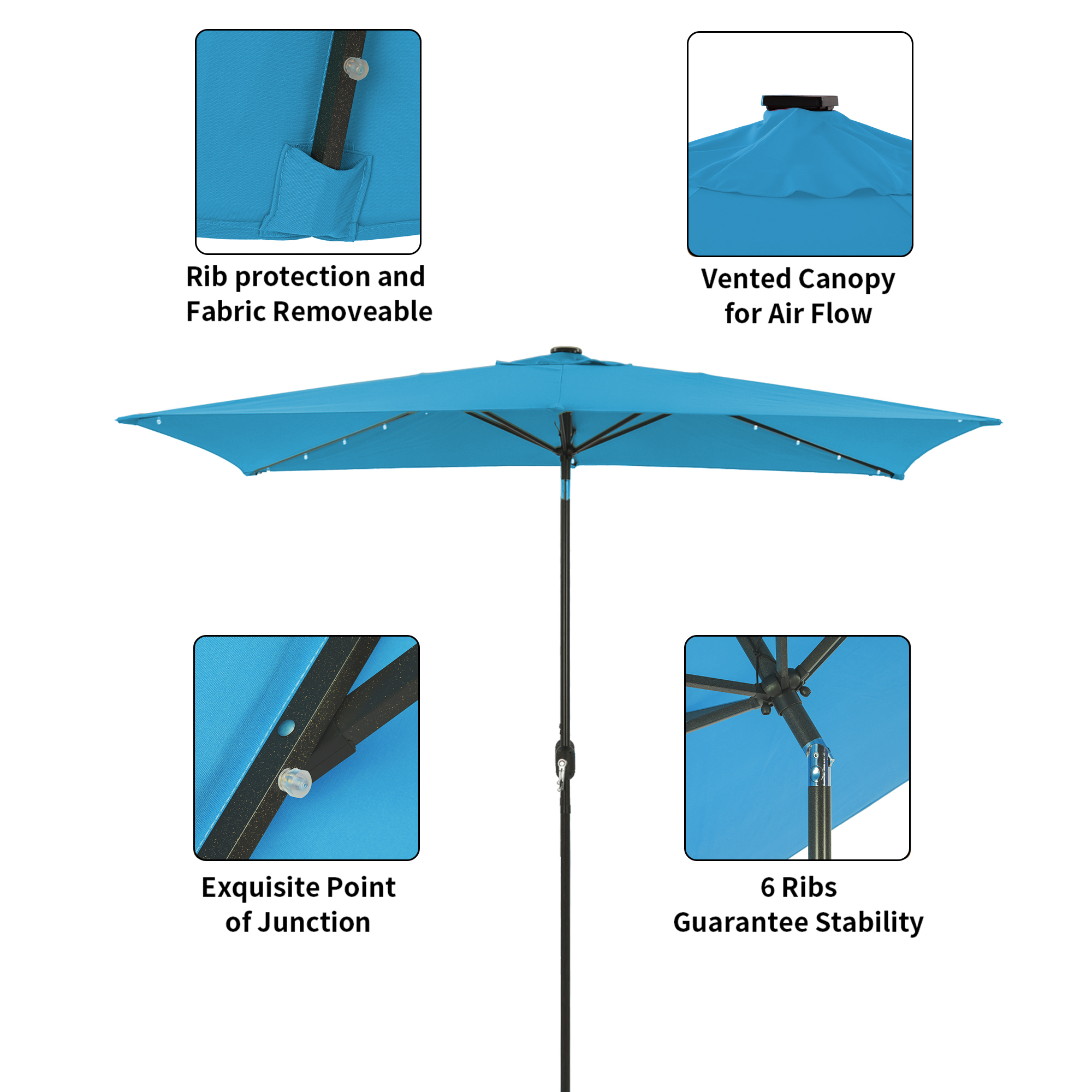 10Ft Outdoor Rectangular Umbrella with 26 Solar-Powered LED Lights, Crank and Tilt (Without Base)