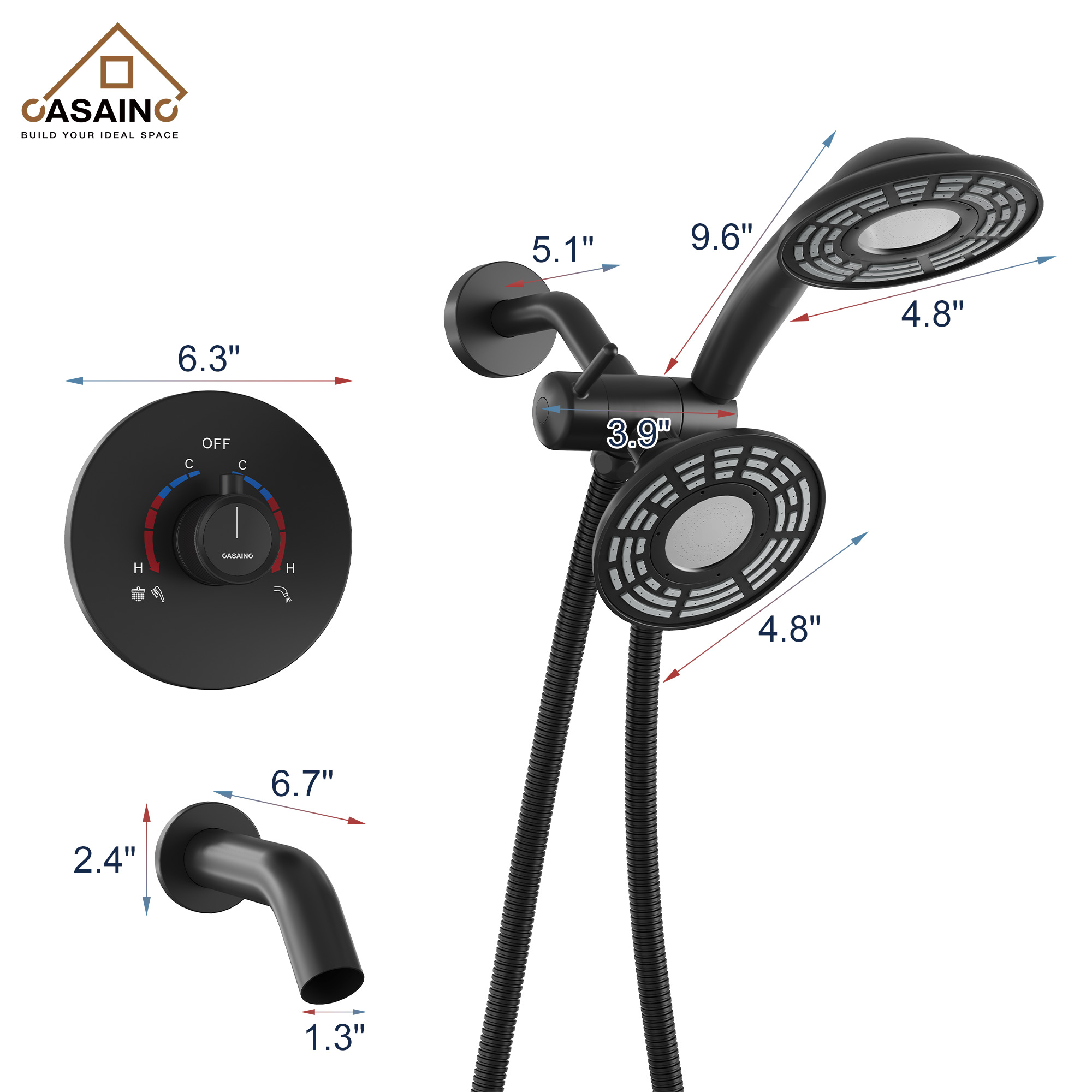 5-inch 3-Function Shower Faucet with Handheld & Tub Spout