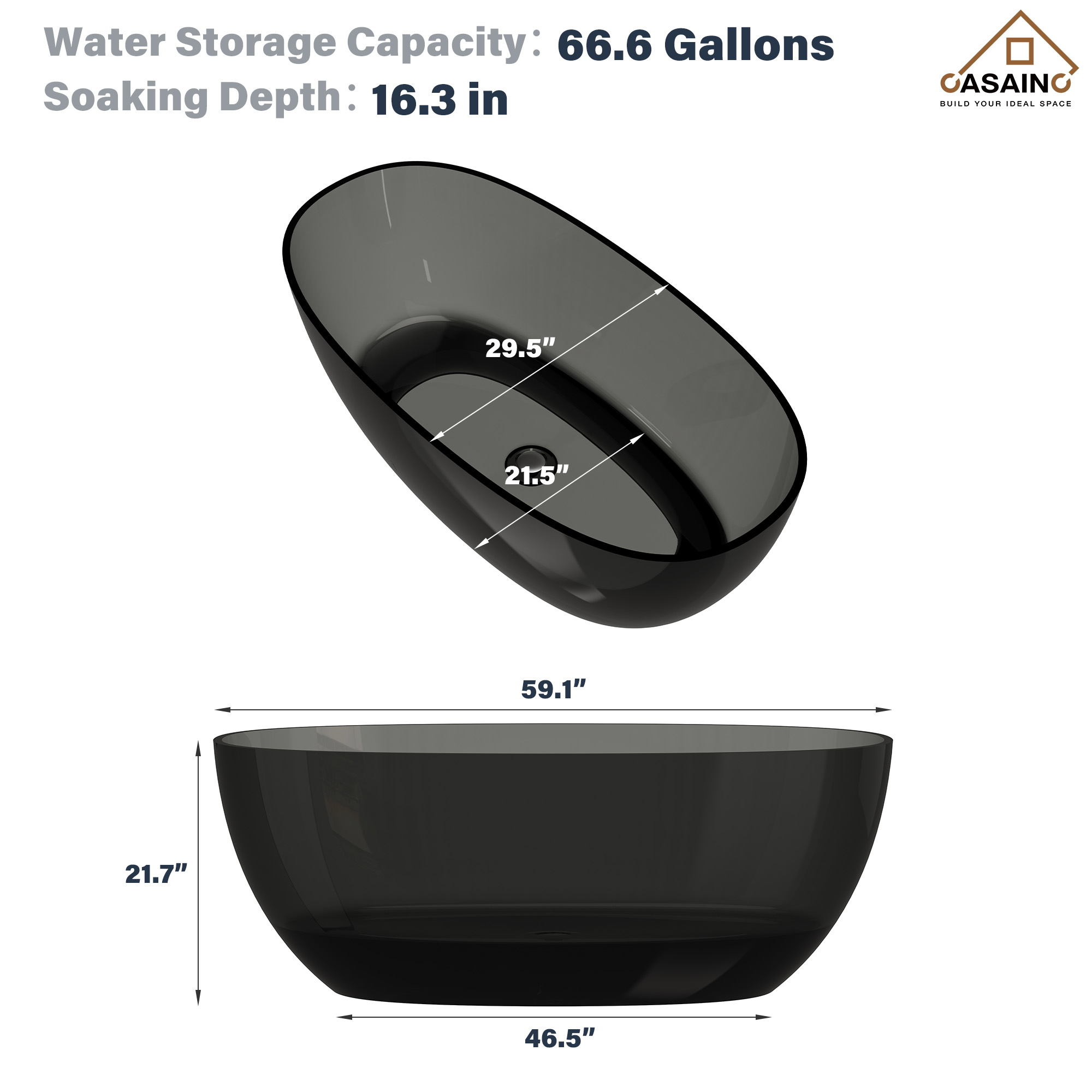 59"/67" Pure Resin Freestanding Transparent Bathtub with Center Drain