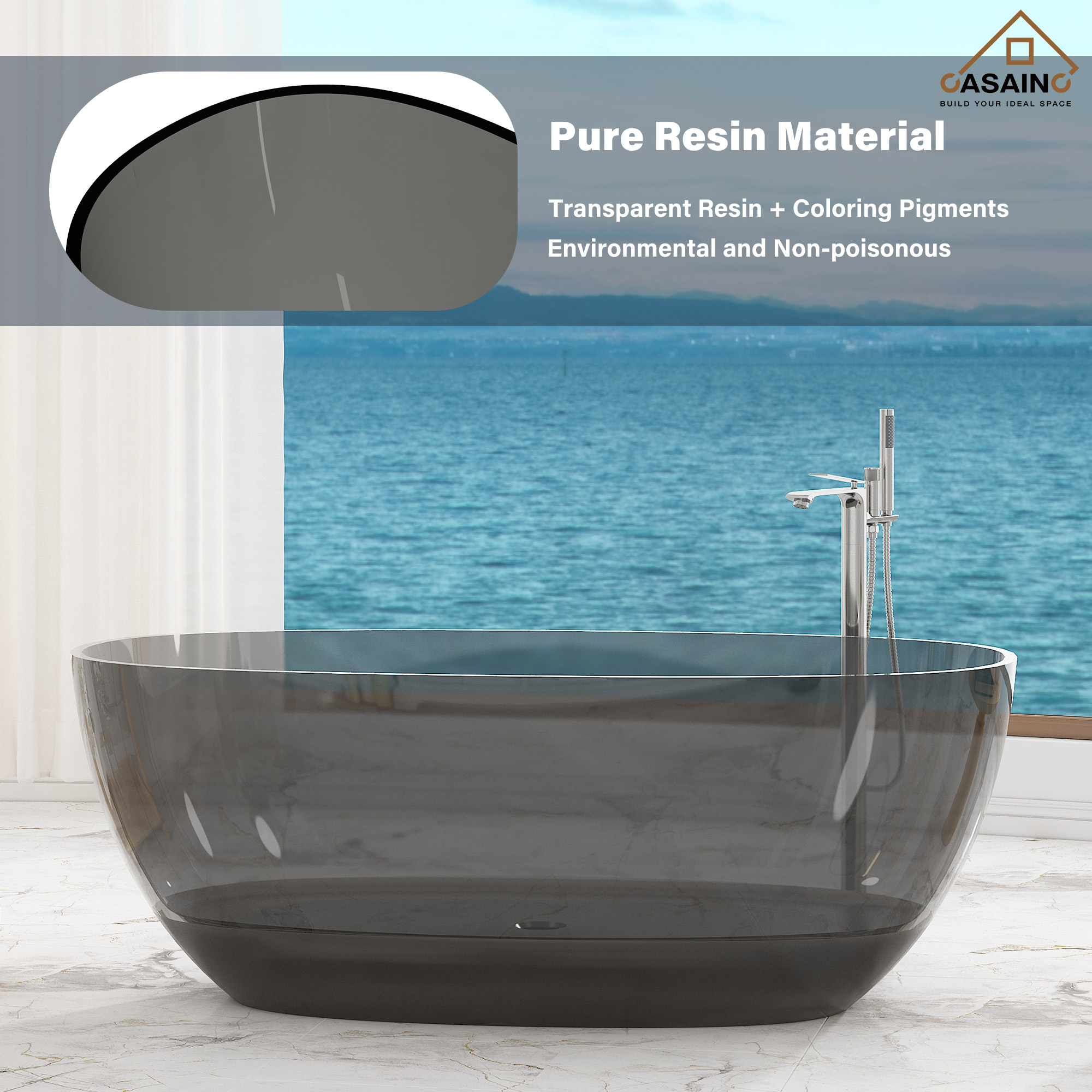 59"/67" Pure Resin Freestanding Transparent Bathtub with Center Drain