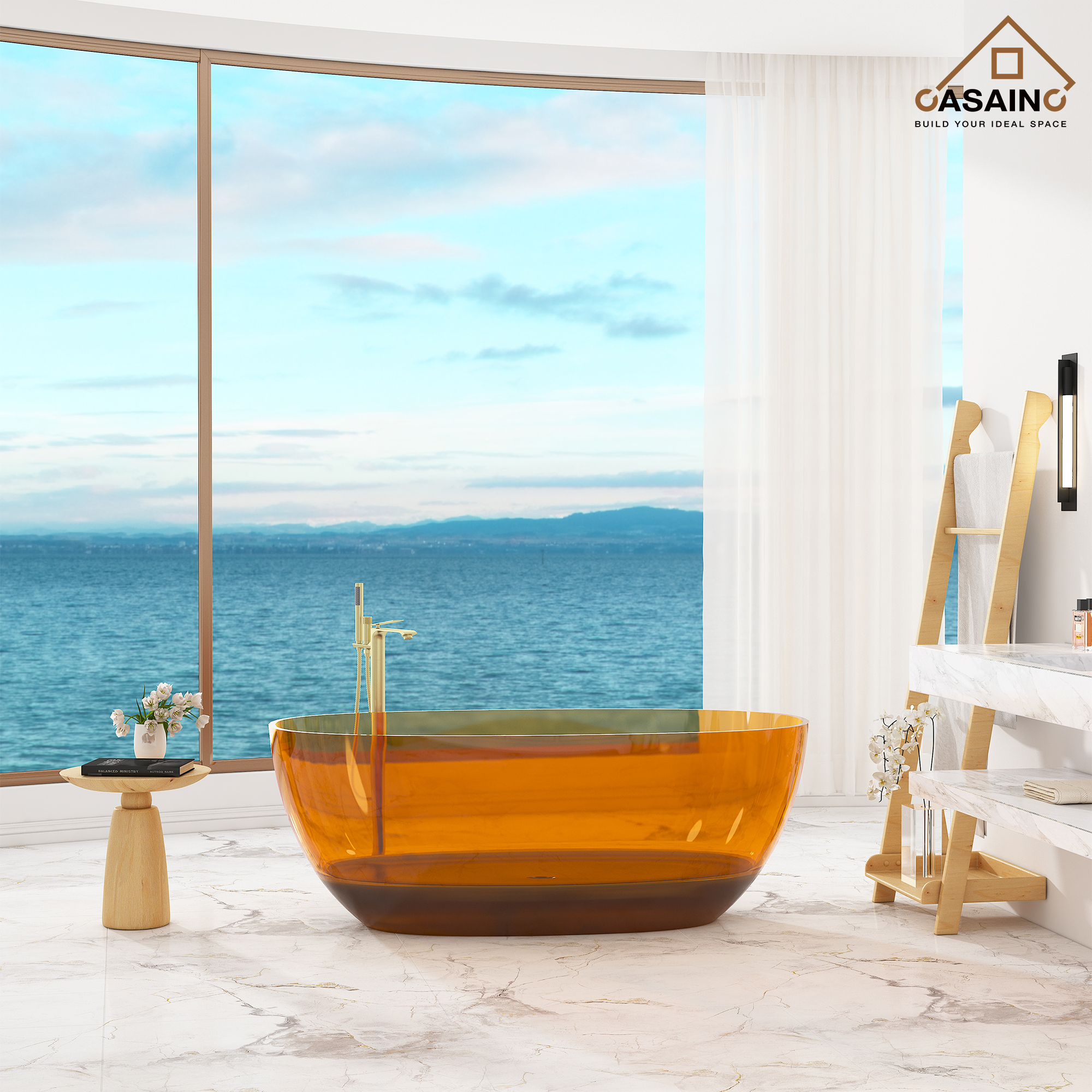 59"/67" Pure Resin Freestanding Transparent Bathtub with Center Drain