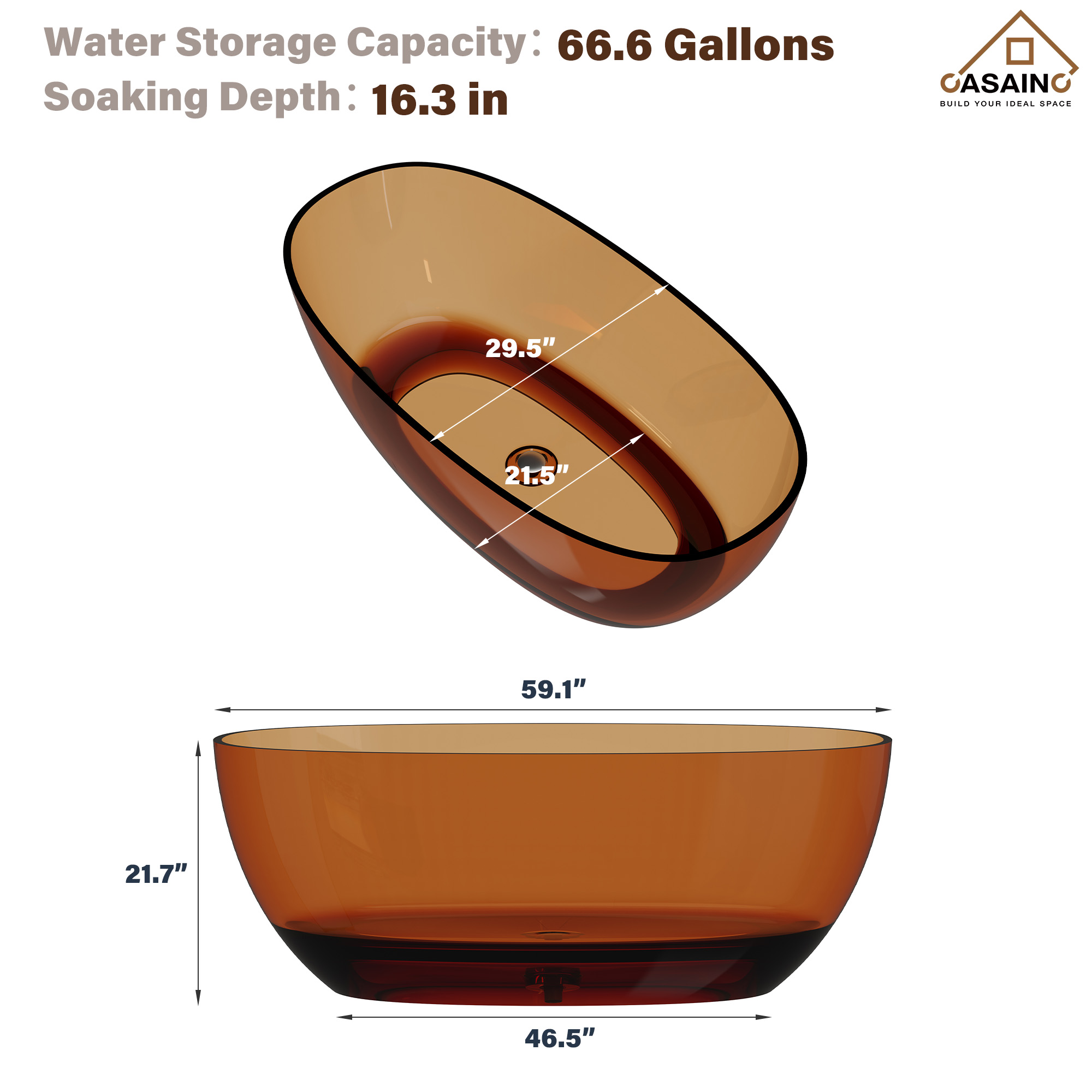 59"/67" Pure Resin Freestanding Transparent Bathtub with Center Drain