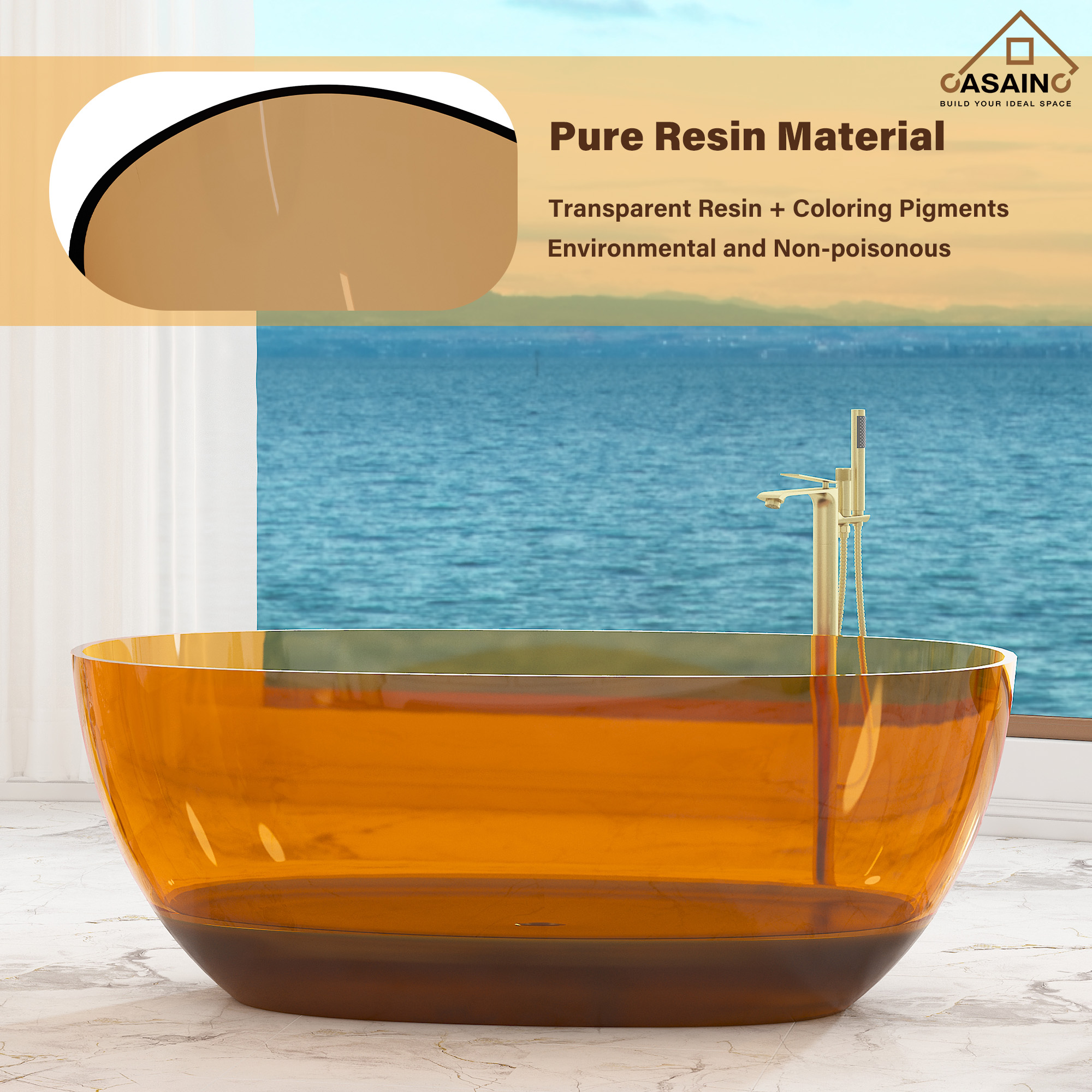 59"/67" Pure Resin Freestanding Transparent Bathtub with Center Drain