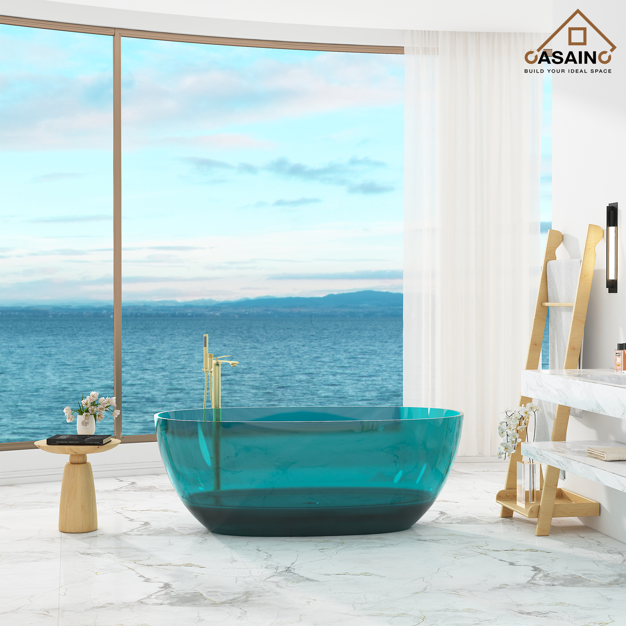 59"/67" Pure Resin Freestanding Transparent Bathtub with Center Drain