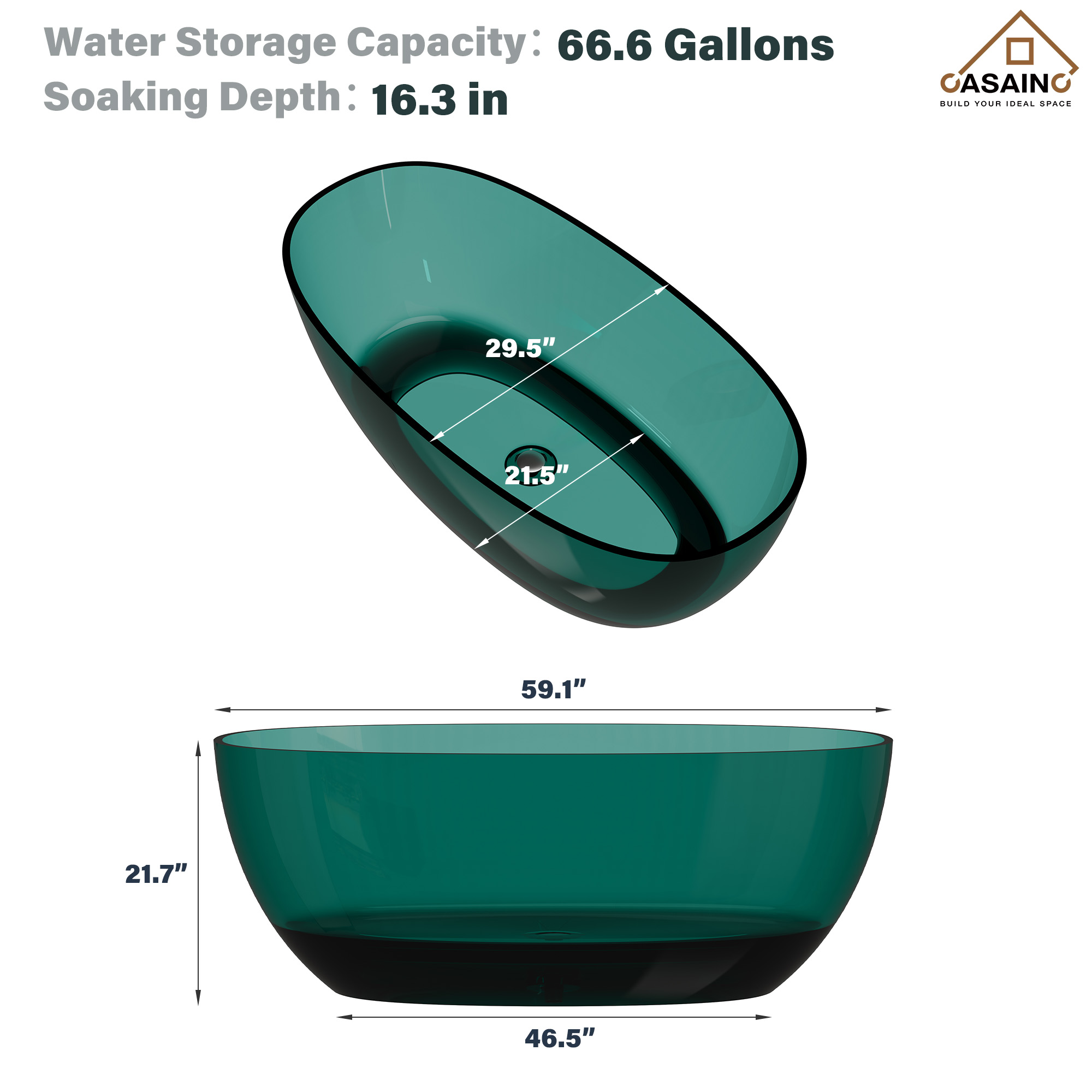 59"/67" Pure Resin Freestanding Transparent Bathtub with Center Drain
