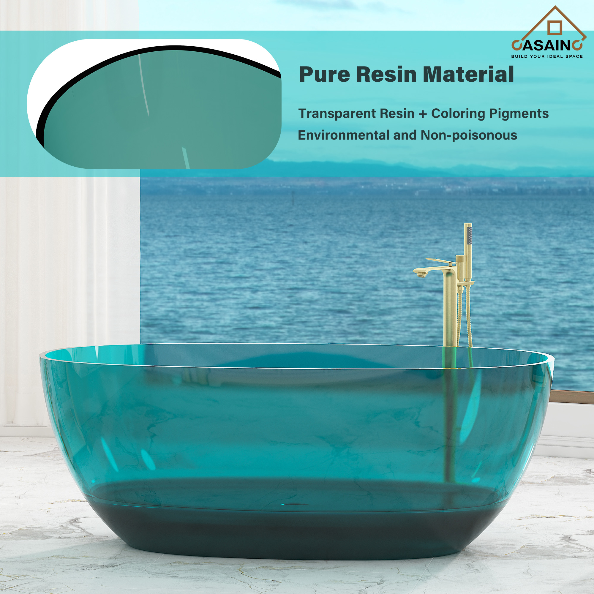 59"/67" Pure Resin Freestanding Transparent Bathtub with Center Drain