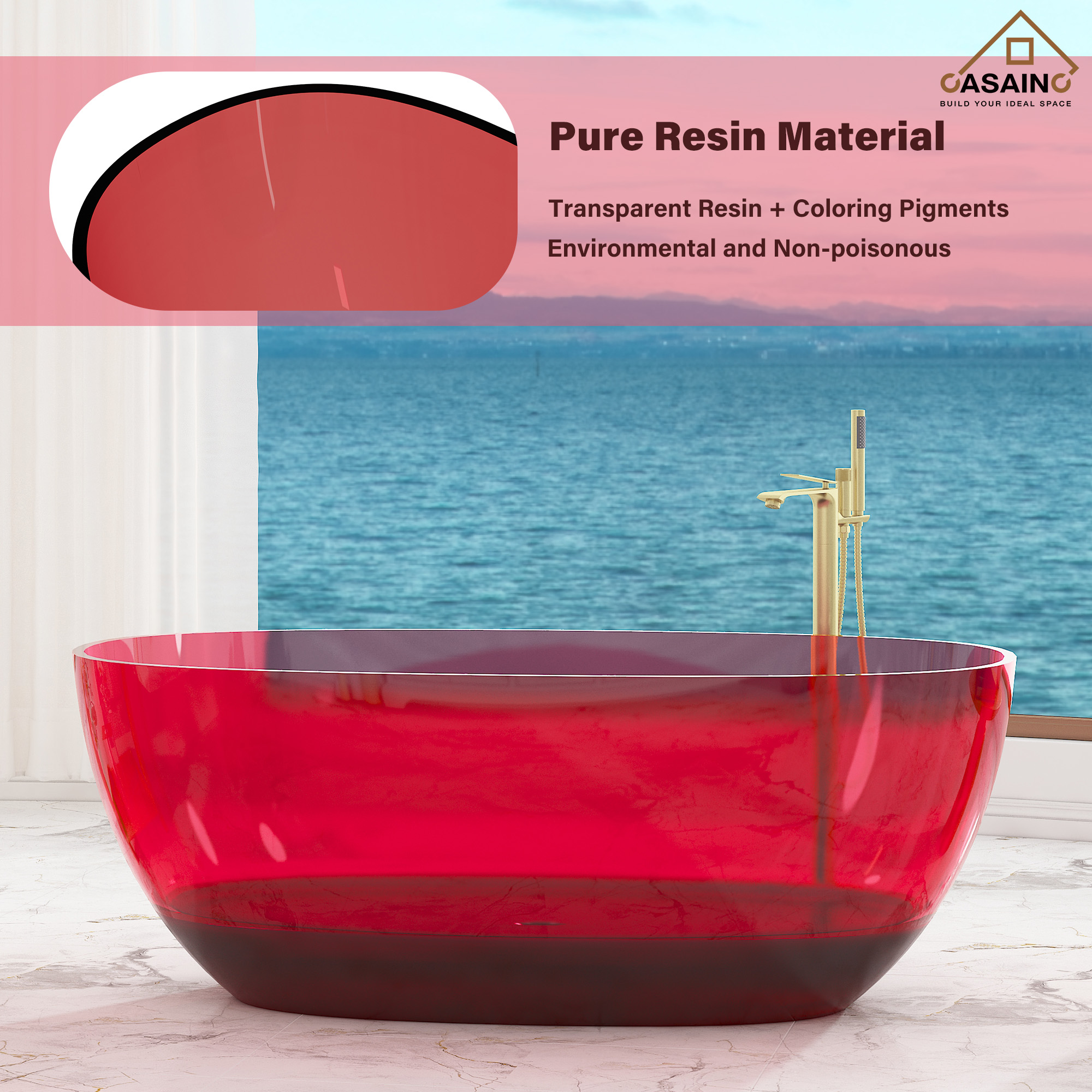 59"/67" Pure Resin Freestanding Transparent Bathtub with Center Drain