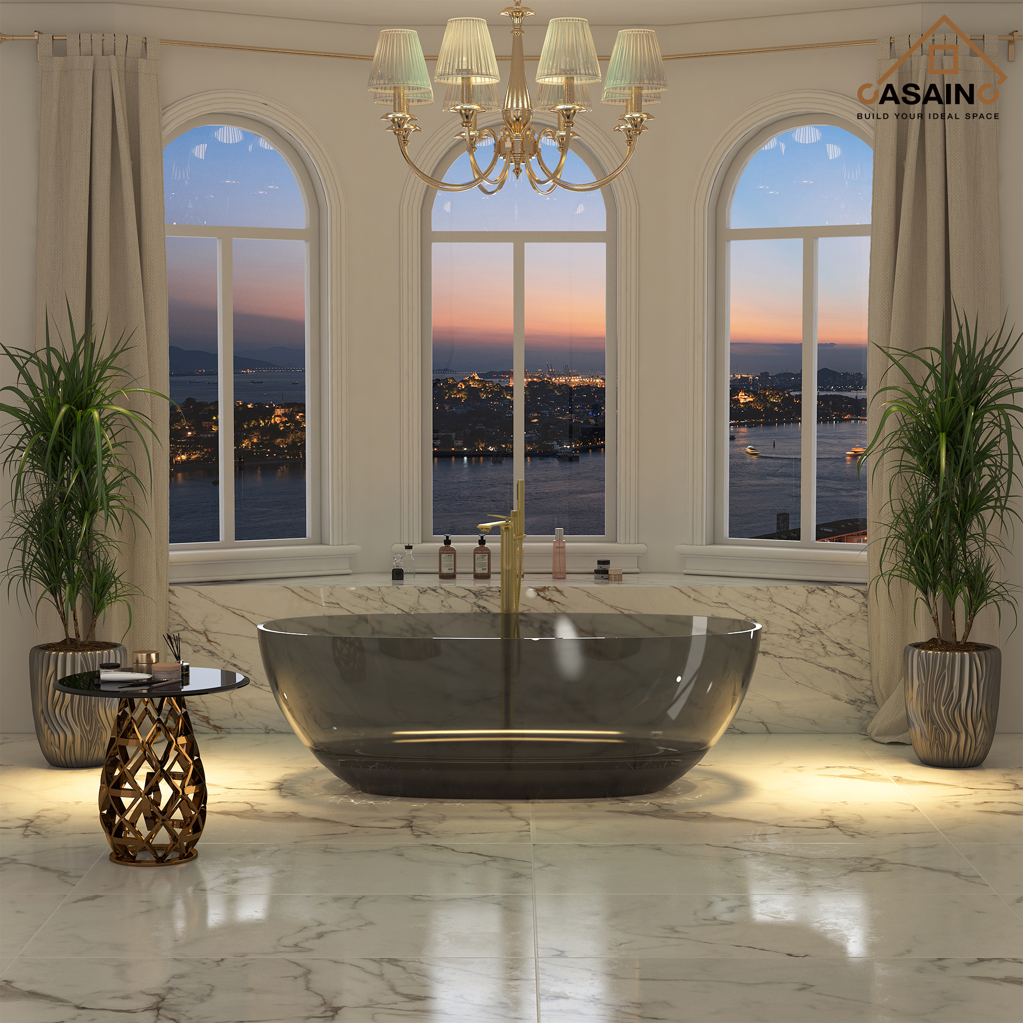 59"/67" Pure Resin Freestanding Transparent Bathtub with Center Drain