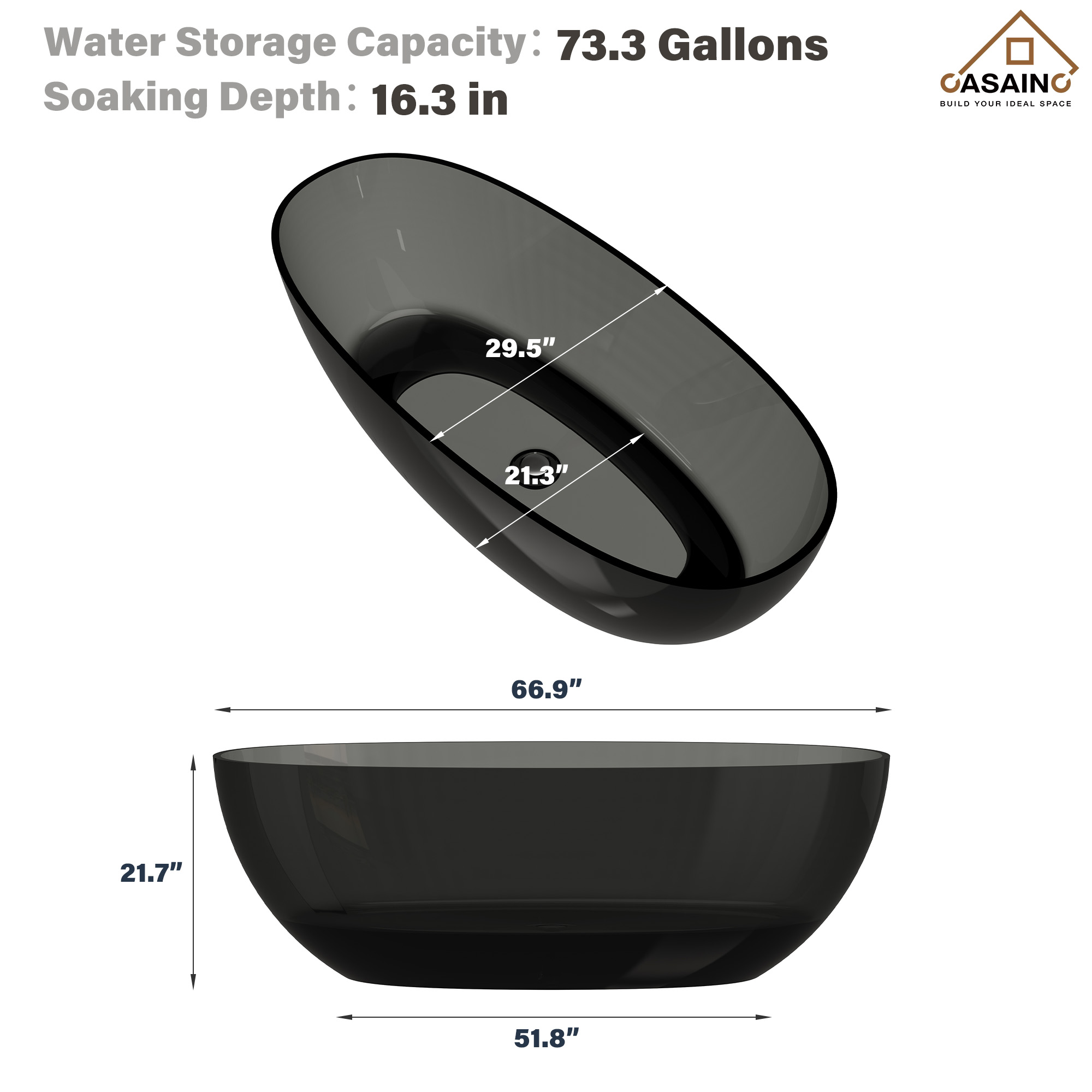 59"/67" Pure Resin Freestanding Transparent Bathtub with Center Drain