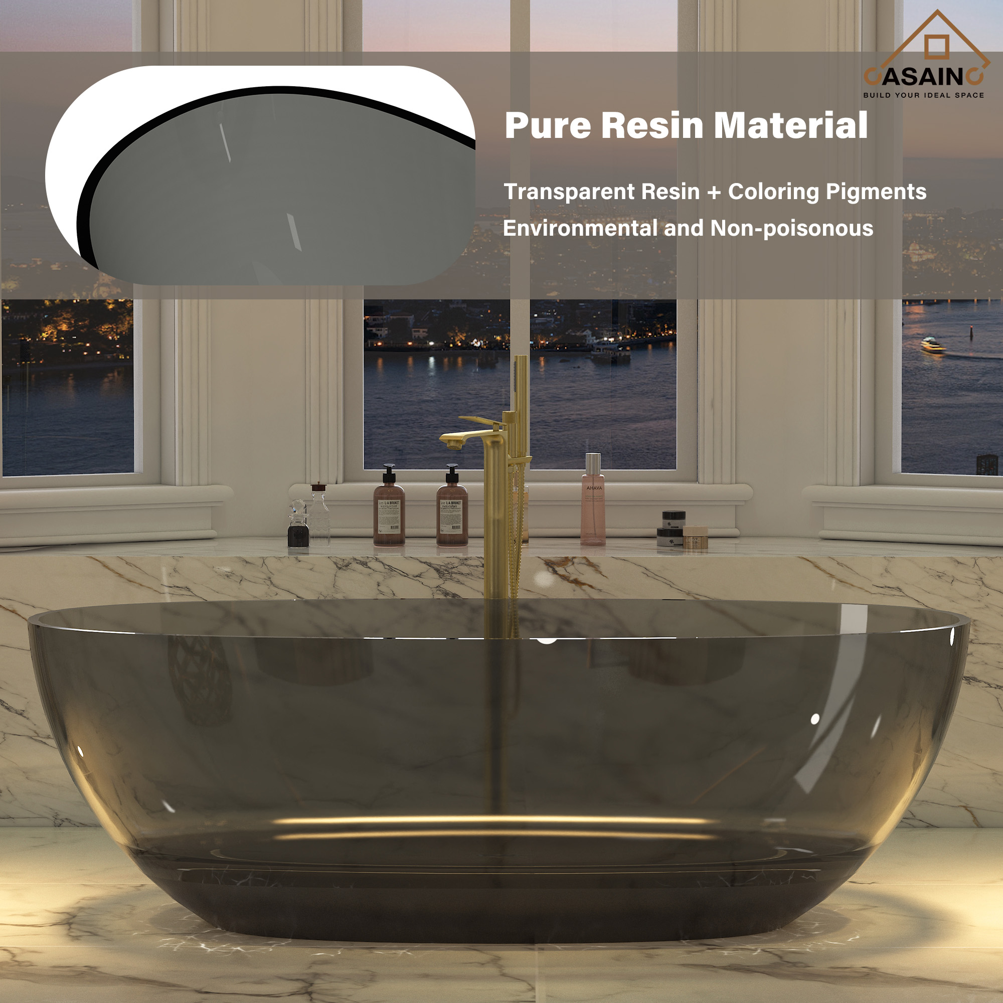 59"/67" Pure Resin Freestanding Transparent Bathtub with Center Drain