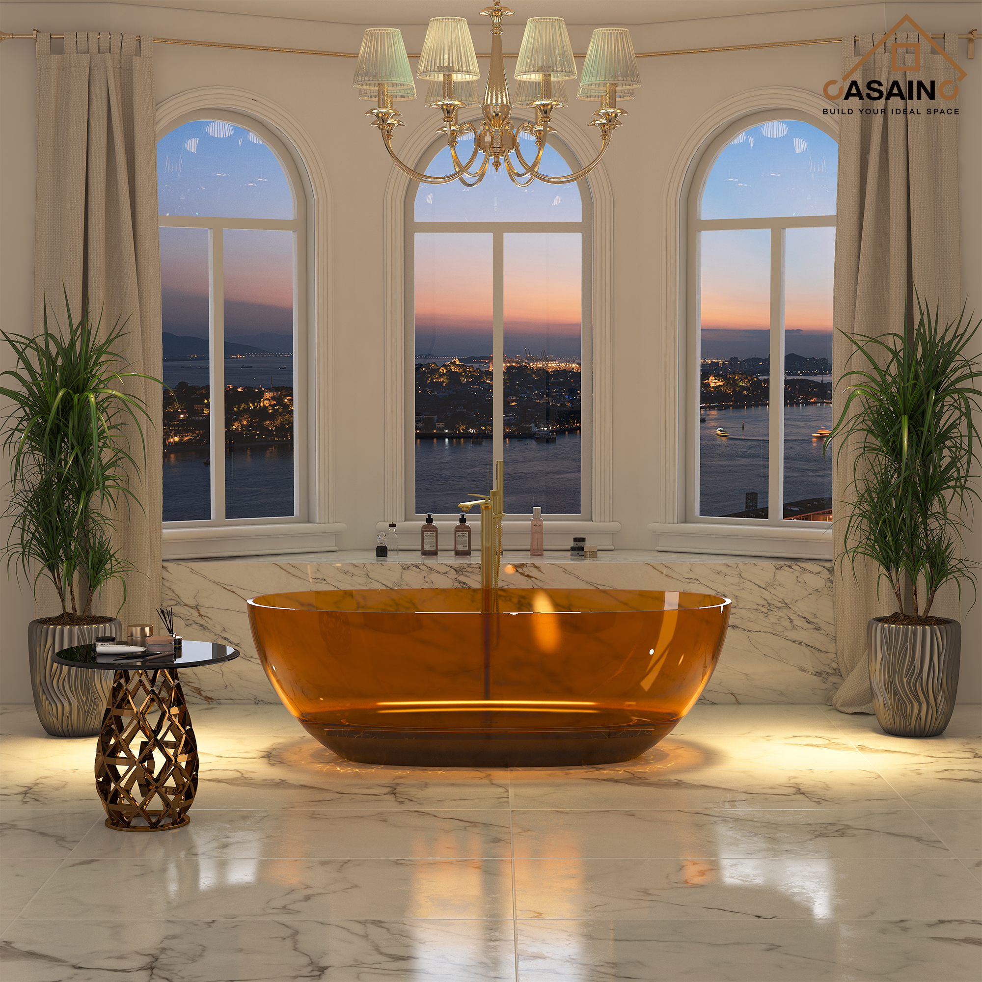 59"/67" Pure Resin Freestanding Transparent Bathtub with Center Drain