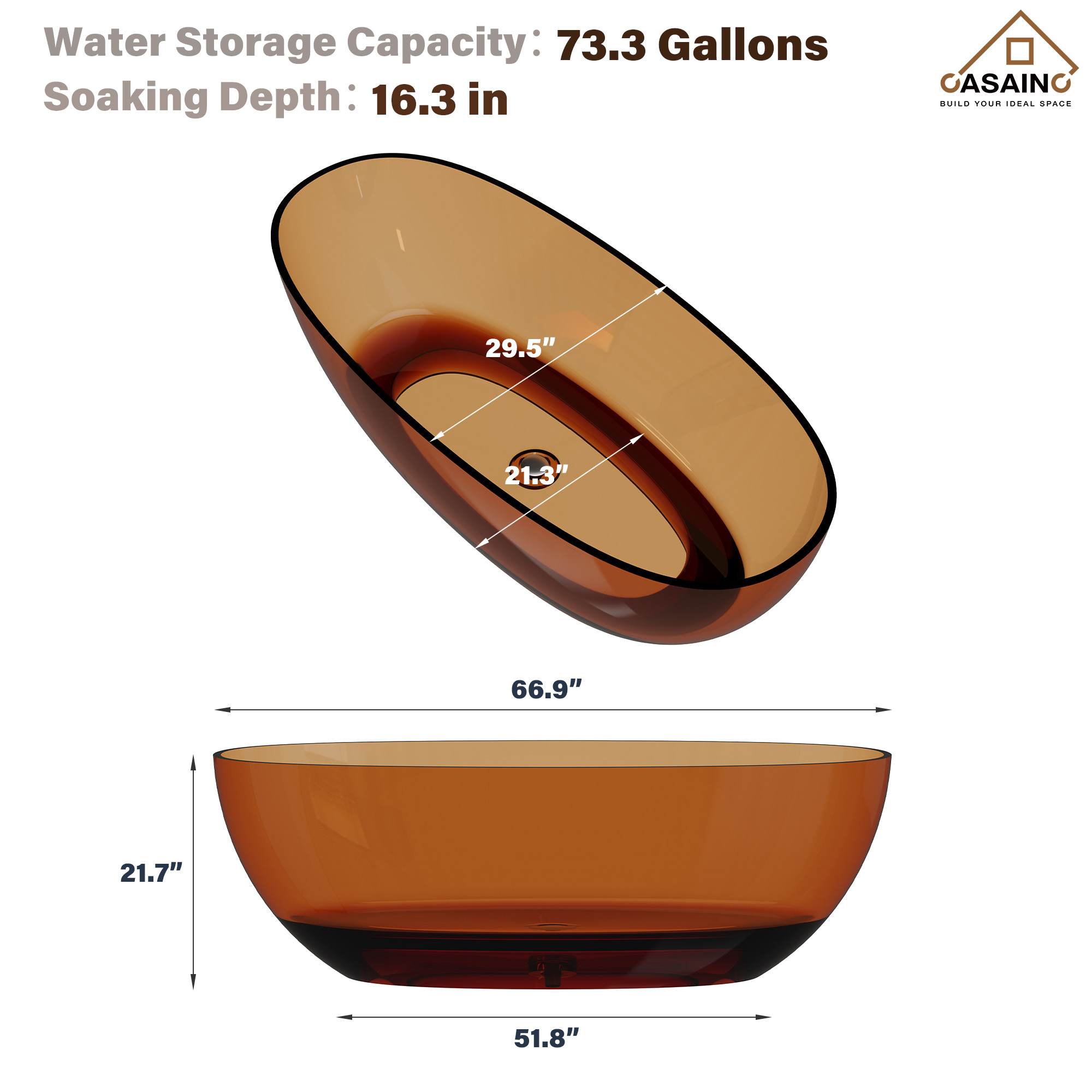 59"/67" Pure Resin Freestanding Transparent Bathtub with Center Drain