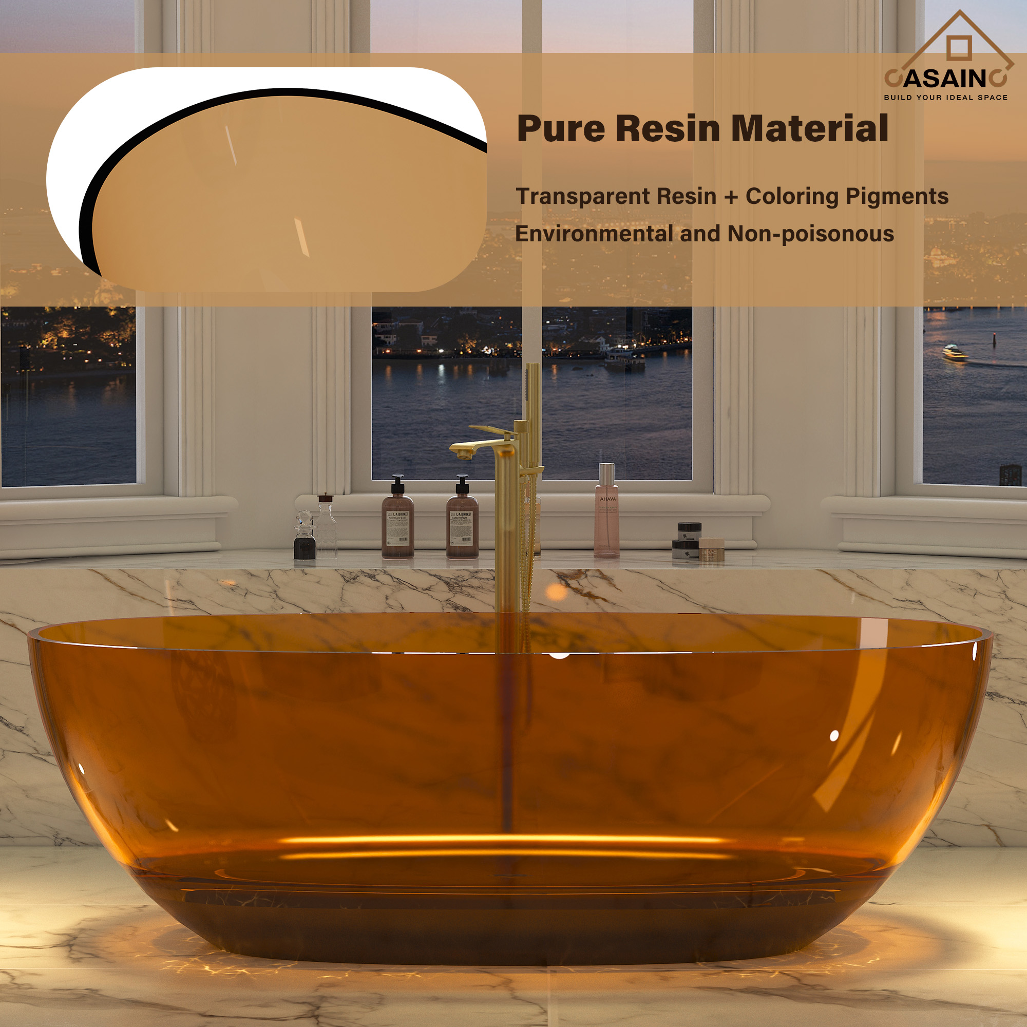 59"/67" Pure Resin Freestanding Transparent Bathtub with Center Drain