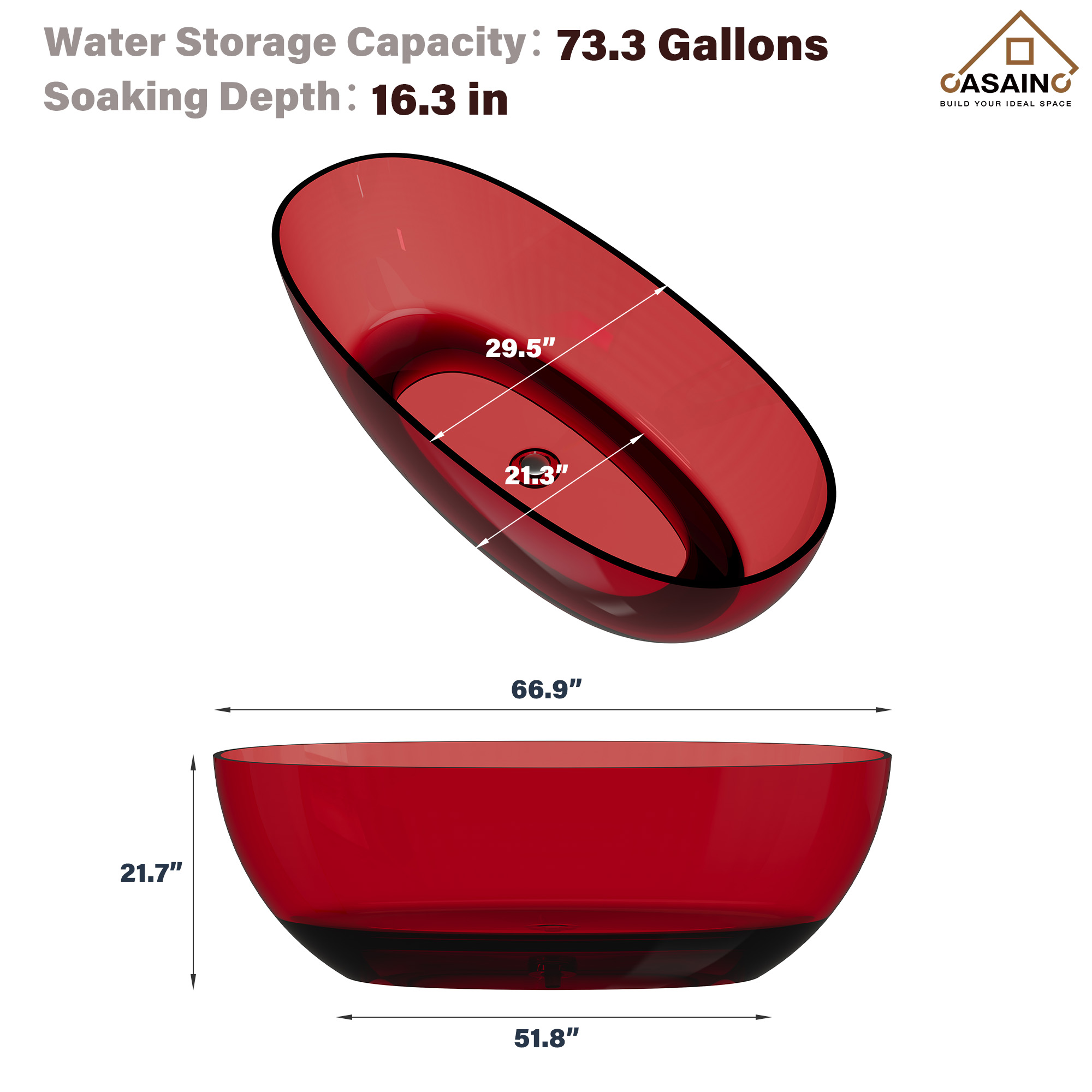 59"/67" Pure Resin Freestanding Transparent Bathtub with Center Drain
