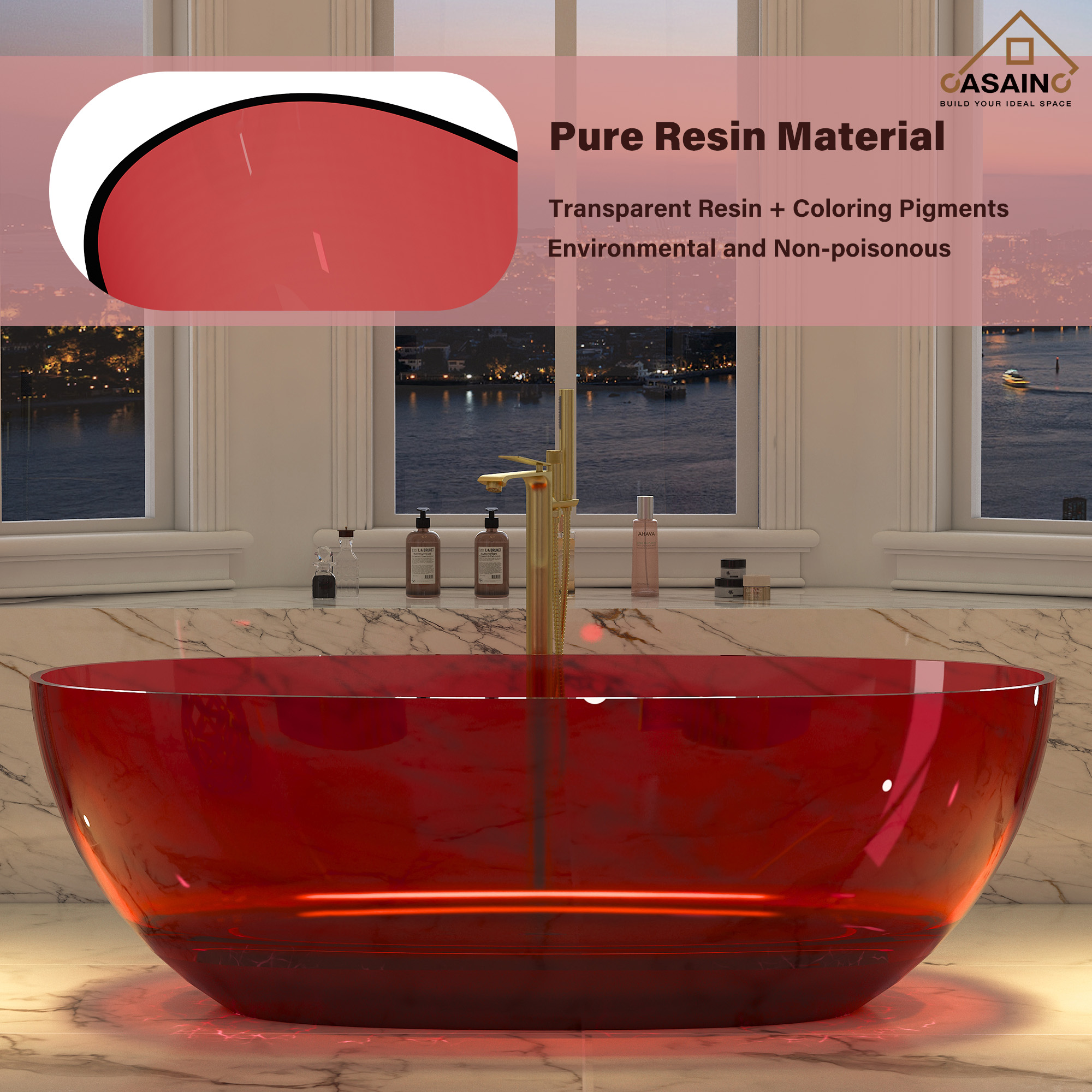 59"/67" Pure Resin Freestanding Transparent Bathtub with Center Drain