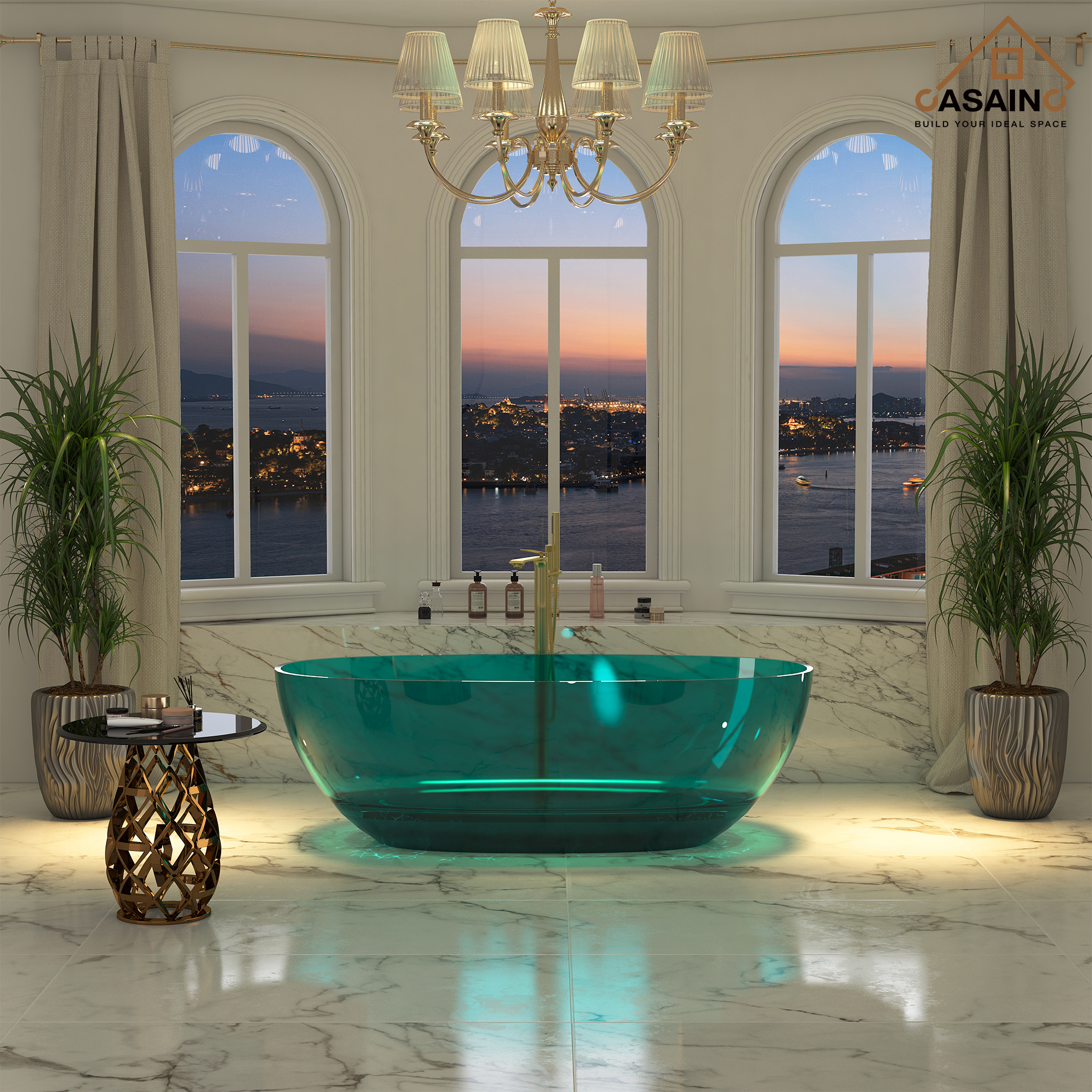 59"/67" Pure Resin Freestanding Transparent Bathtub with Center Drain