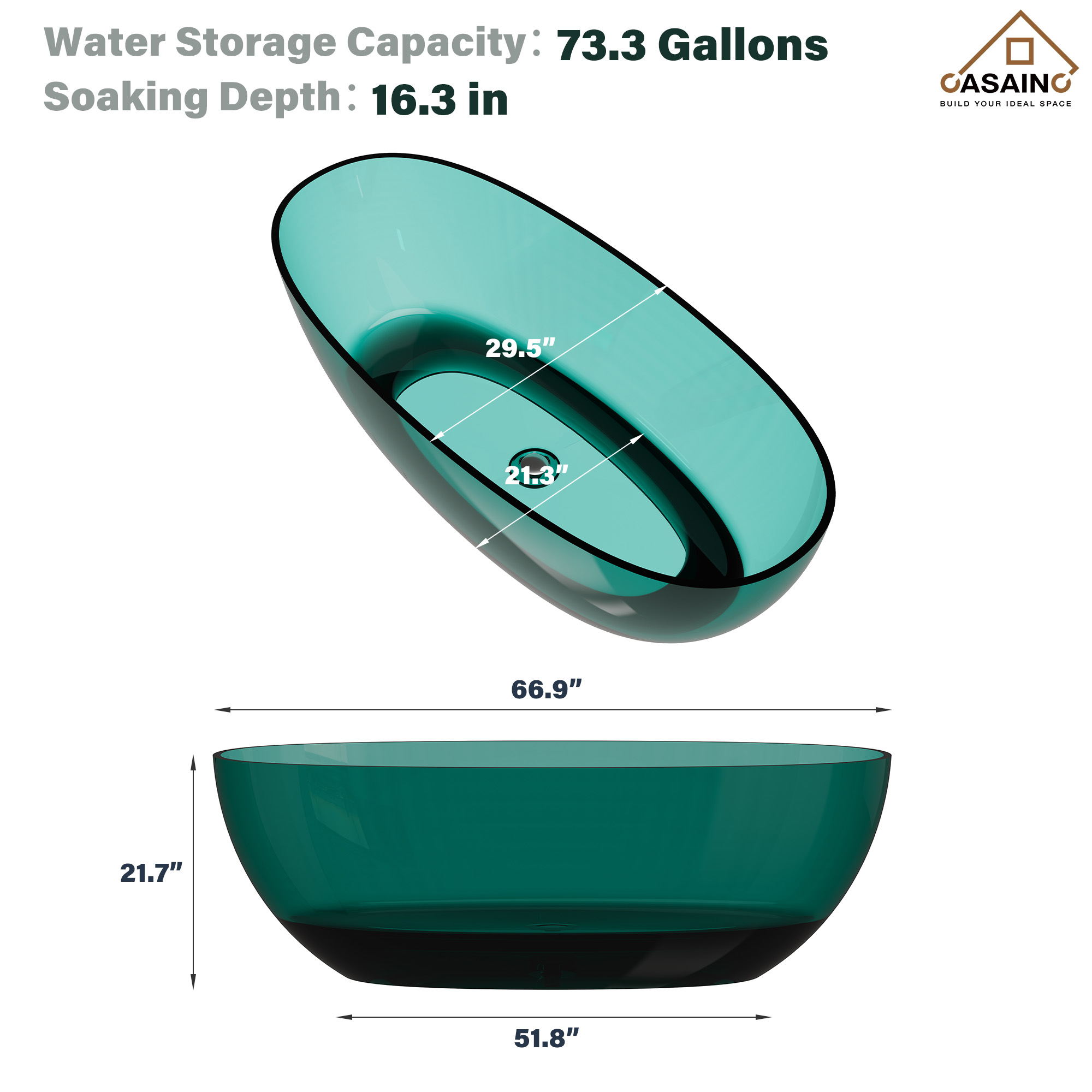 59"/67" Pure Resin Freestanding Transparent Bathtub with Center Drain
