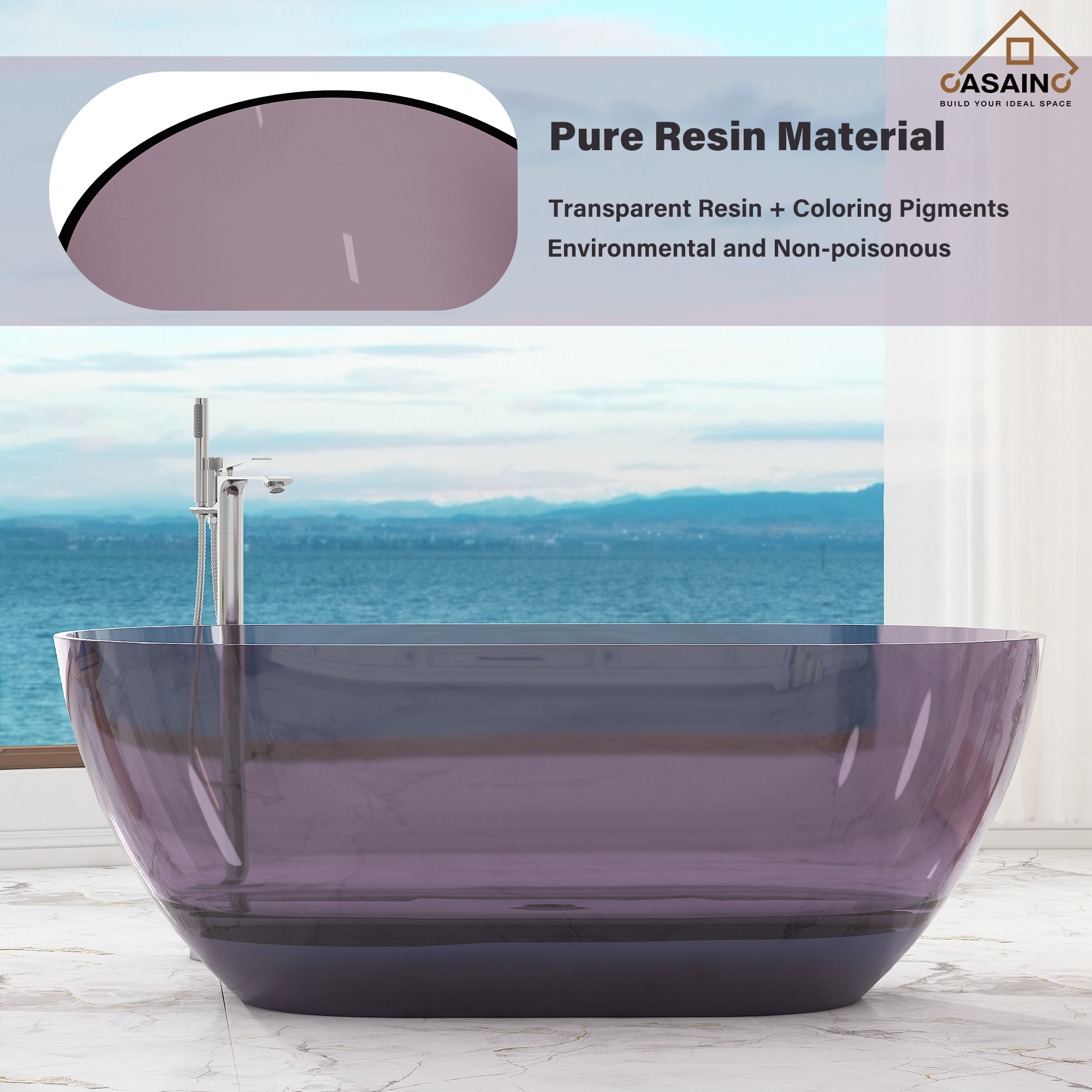59"/69" Transparent Resin Freestanding Bathtub with Excellent Heat Retention