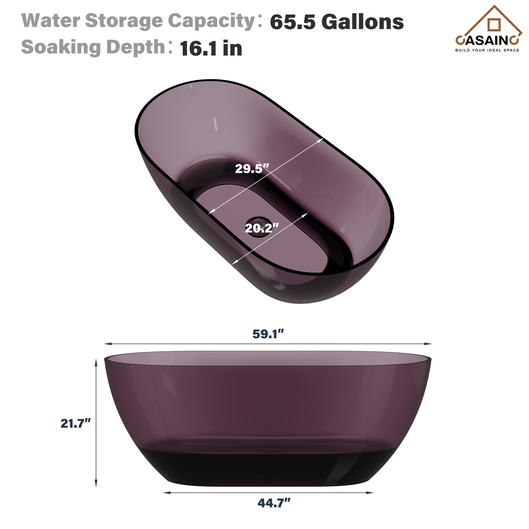 59"/69" Transparent Resin Freestanding Bathtub with Excellent Heat Retention