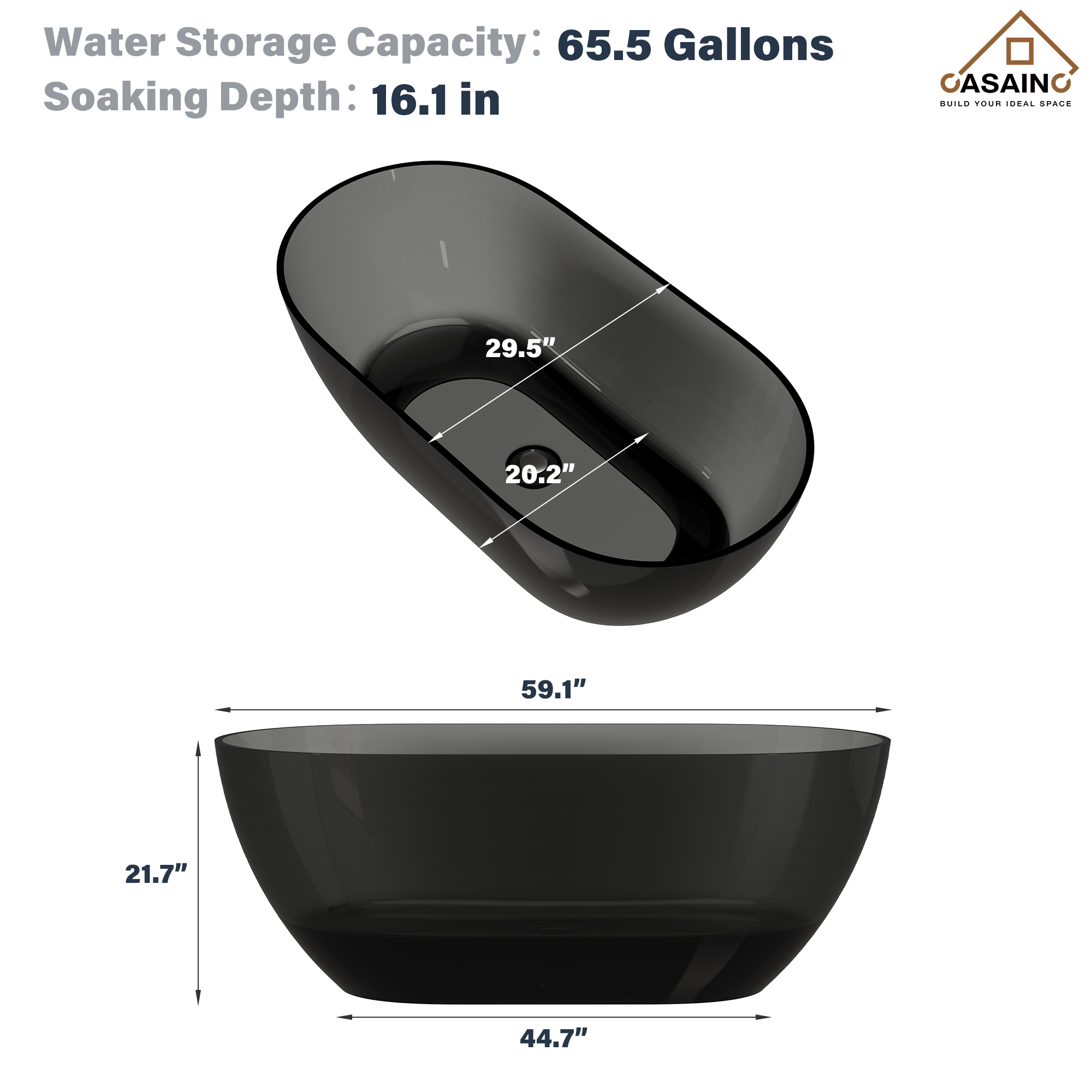 59"/69" Transparent Resin Freestanding Bathtub with Excellent Heat Retention