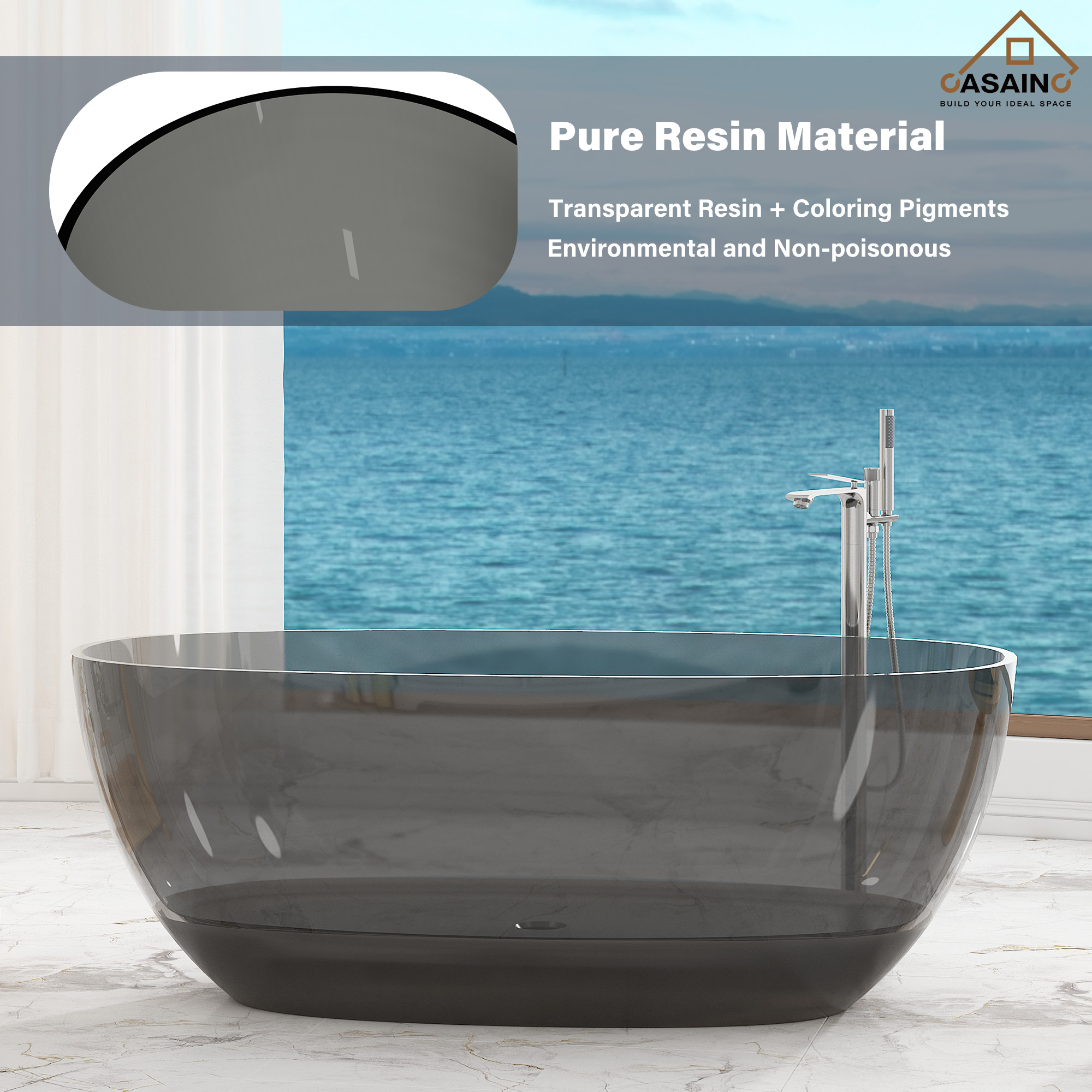 59"/69" Transparent Resin Freestanding Bathtub with Excellent Heat Retention