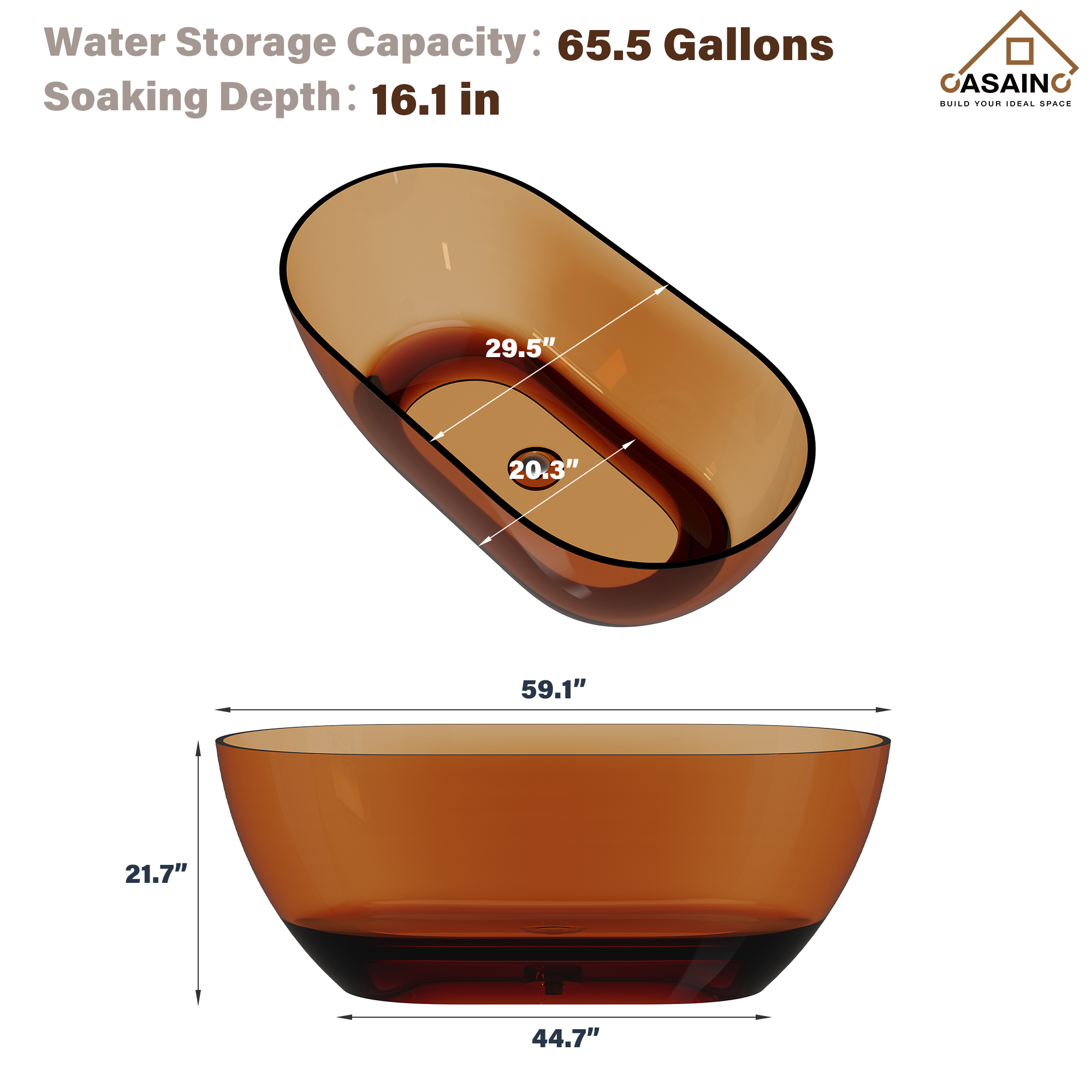 59"/69" Transparent Resin Freestanding Bathtub with Excellent Heat Retention