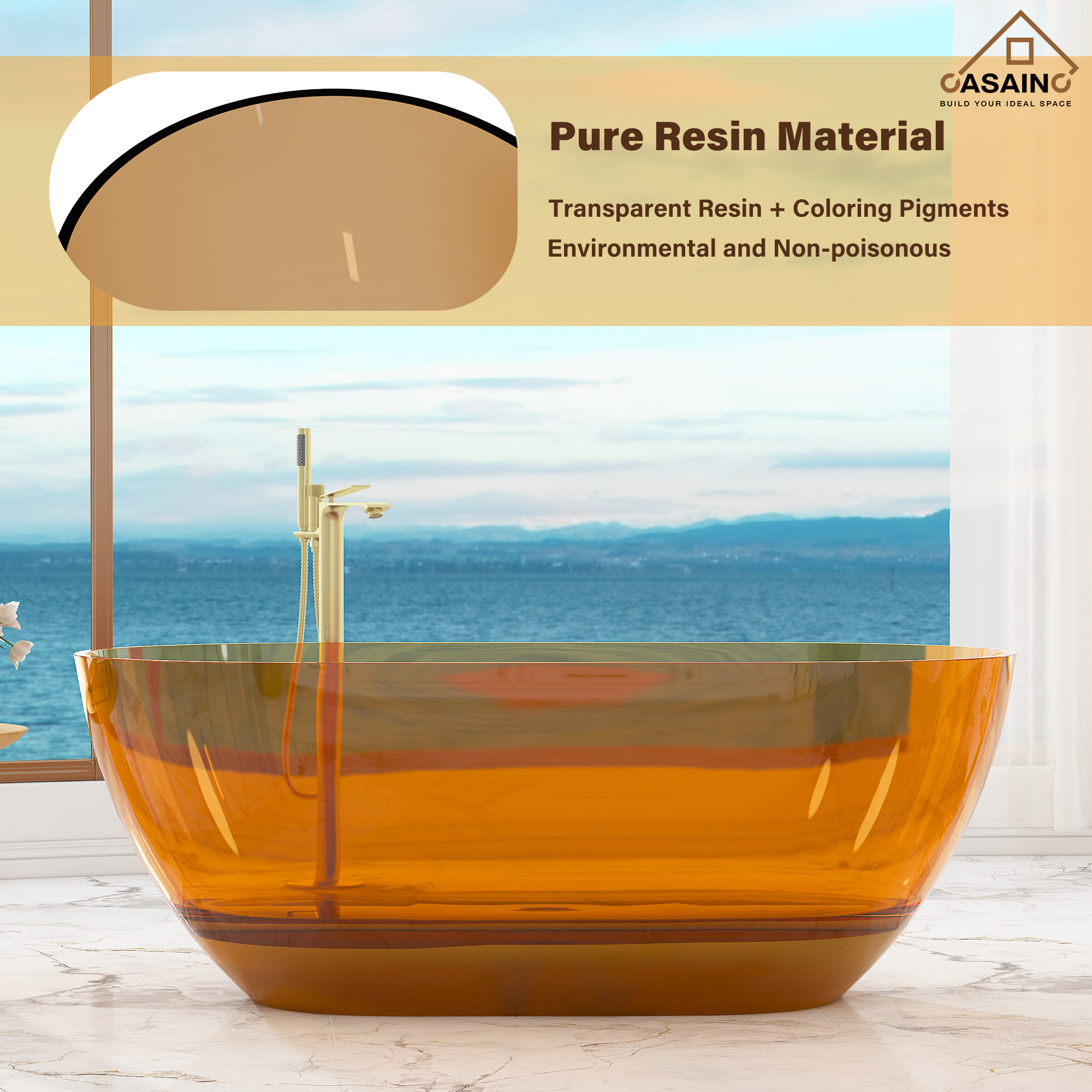 59"/69" Transparent Resin Freestanding Bathtub with Excellent Heat Retention
