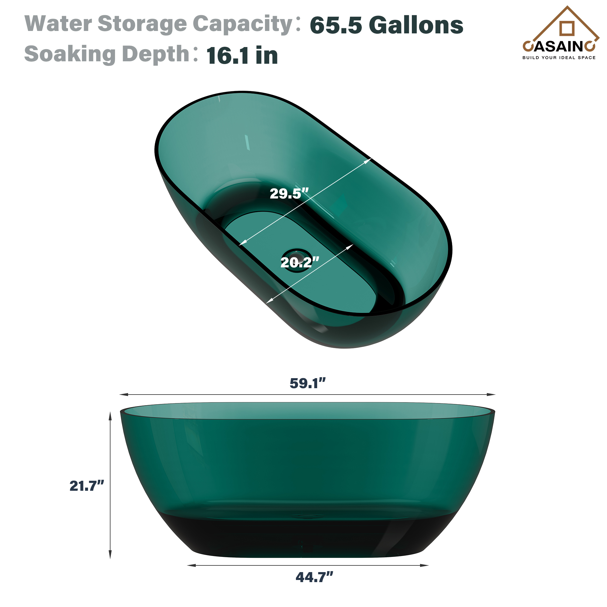 59"/69" Transparent Resin Freestanding Bathtub with Excellent Heat Retention