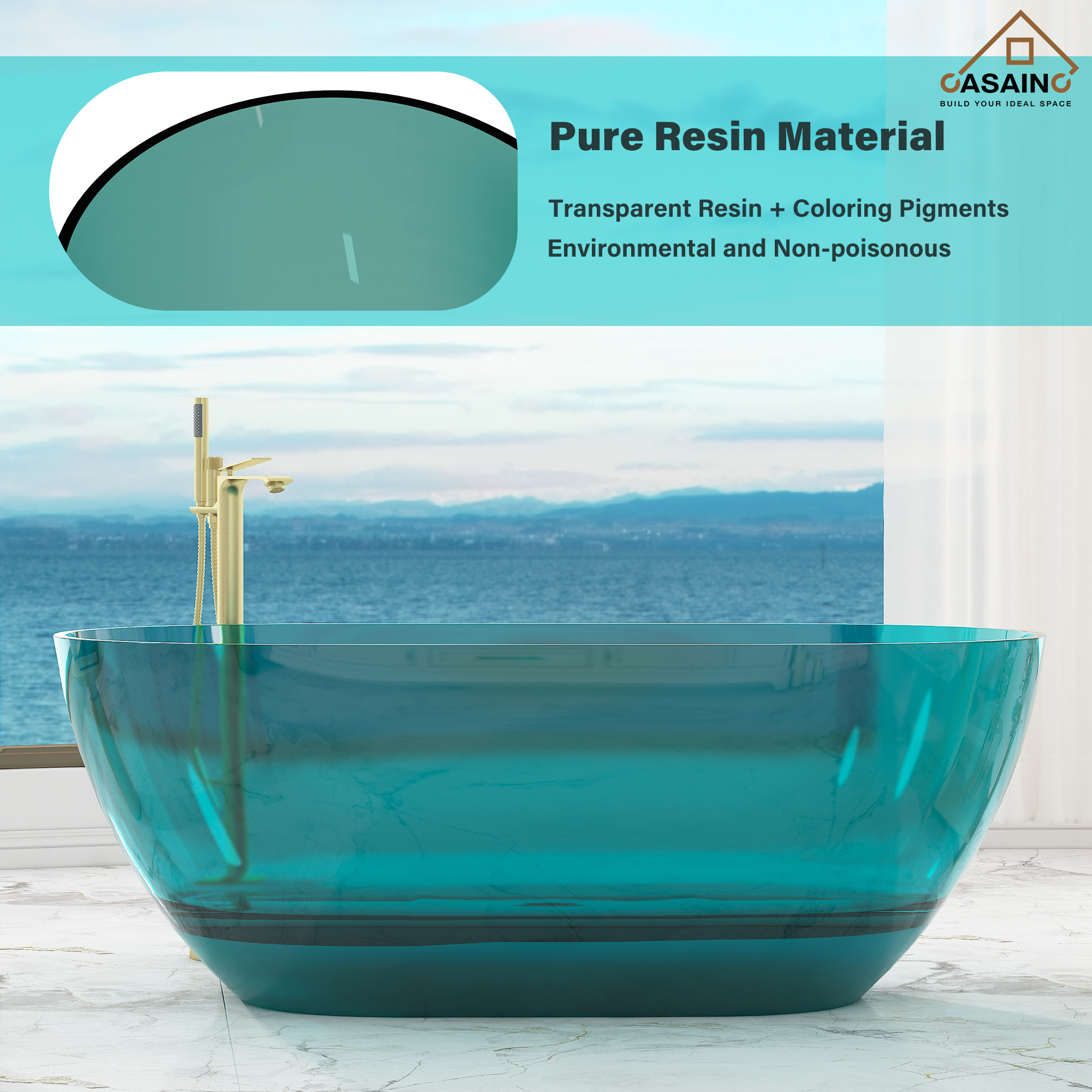 59"/69" Transparent Resin Freestanding Bathtub with Excellent Heat Retention