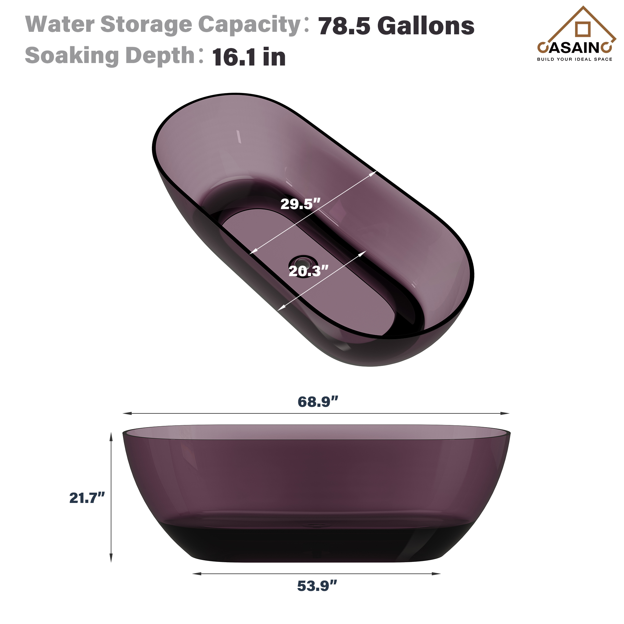 59"/69" Transparent Resin Freestanding Bathtub with Excellent Heat Retention