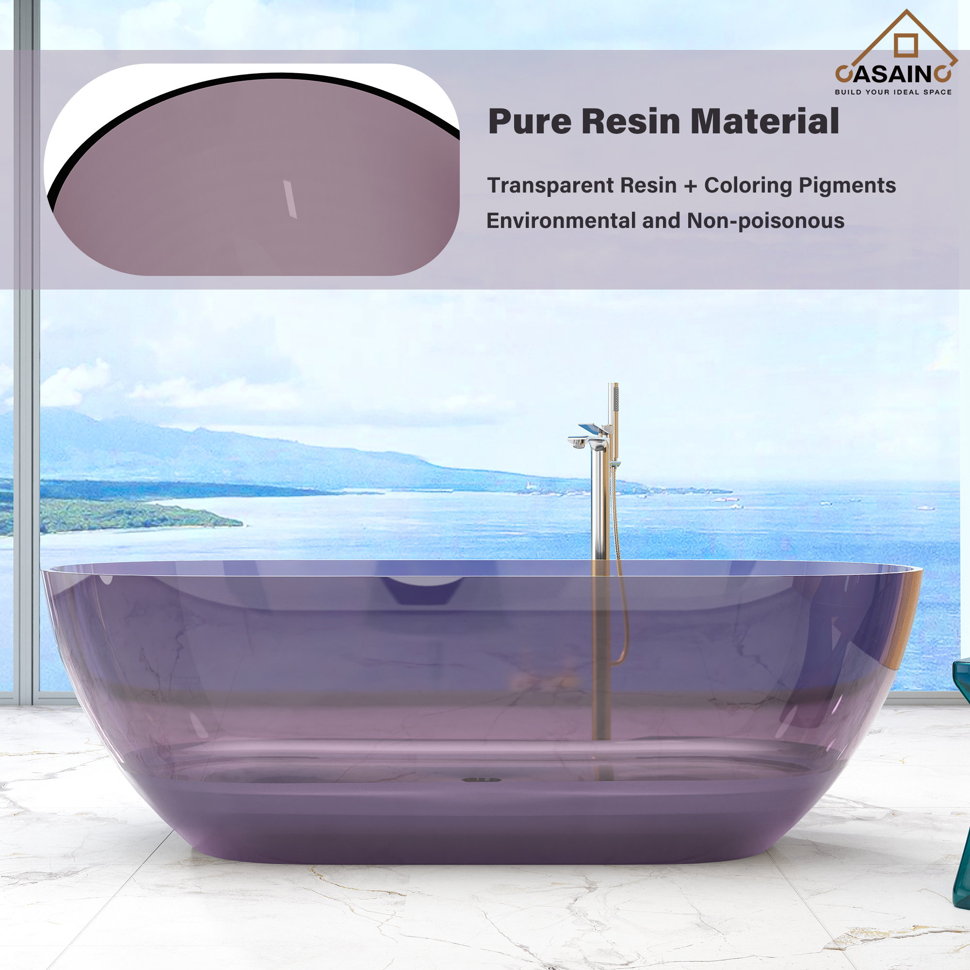59"/69" Transparent Resin Freestanding Bathtub with Excellent Heat Retention