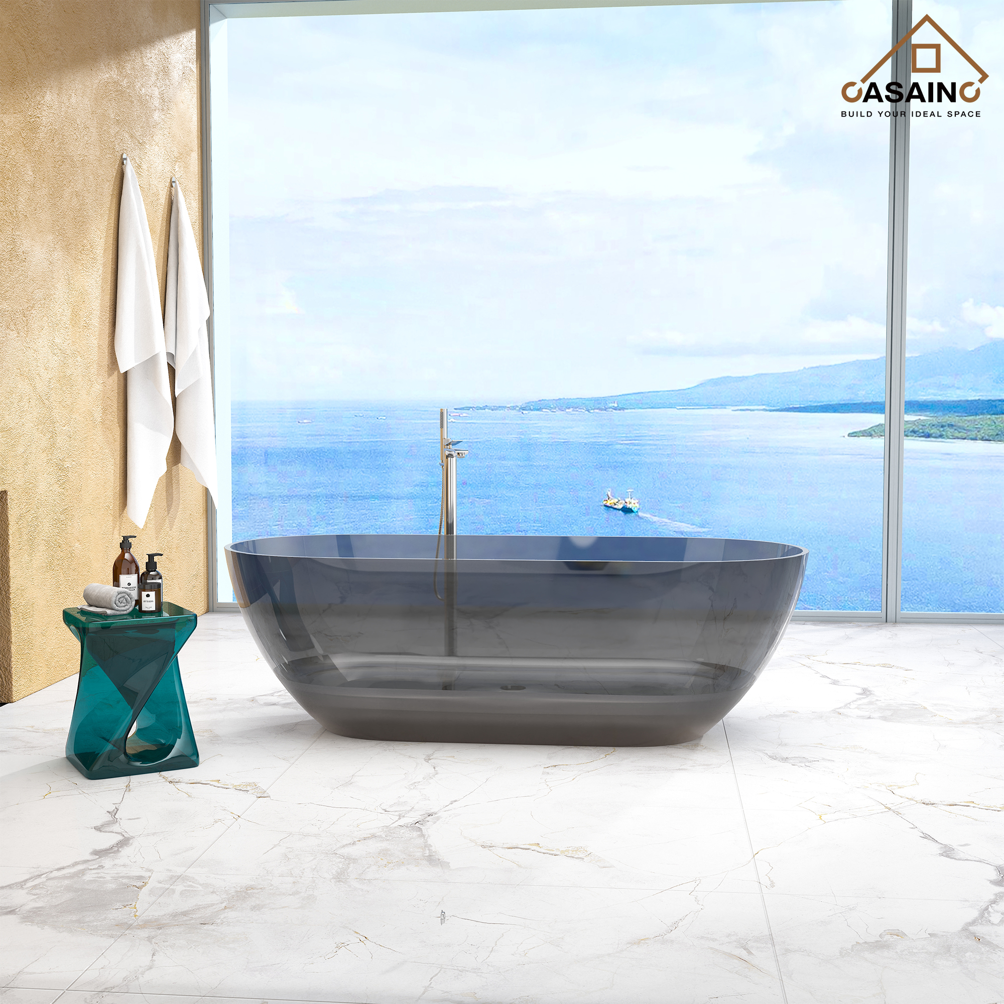 59"/69" Transparent Resin Freestanding Bathtub with Excellent Heat Retention