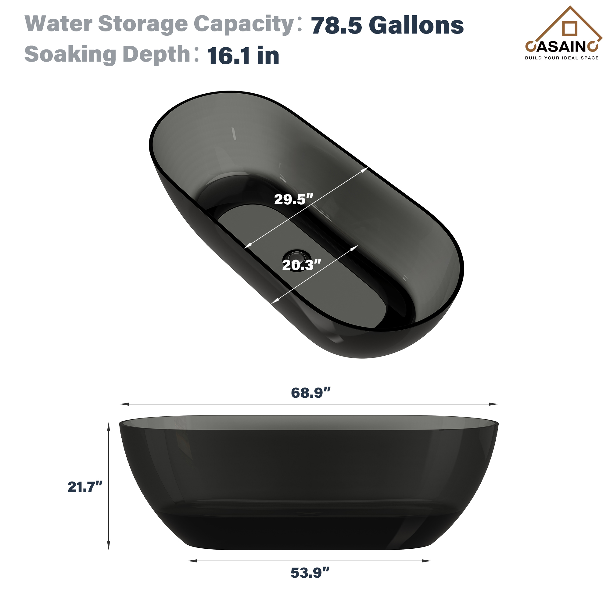 59"/69" Transparent Resin Freestanding Bathtub with Excellent Heat Retention