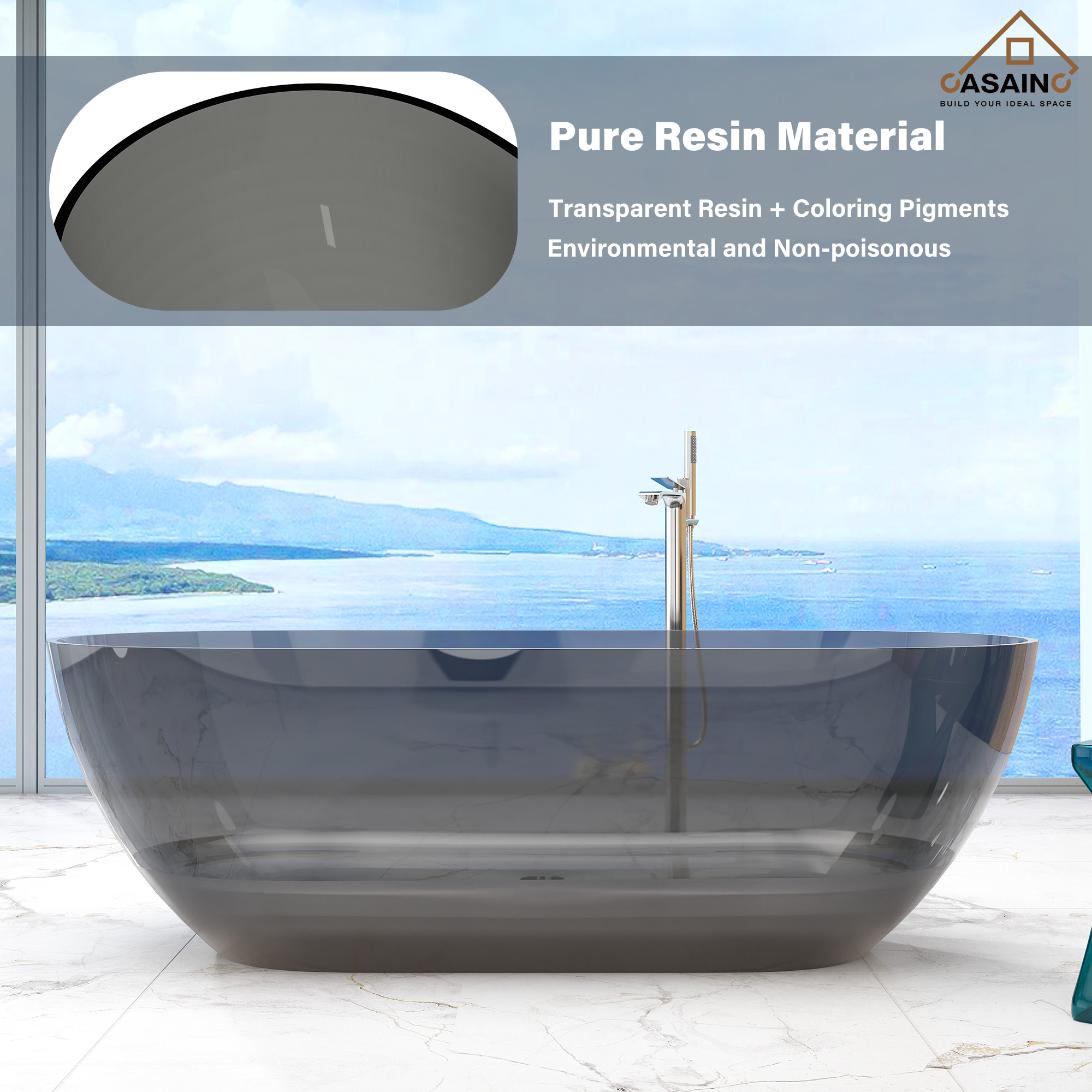 59"/69" Transparent Resin Freestanding Bathtub with Excellent Heat Retention
