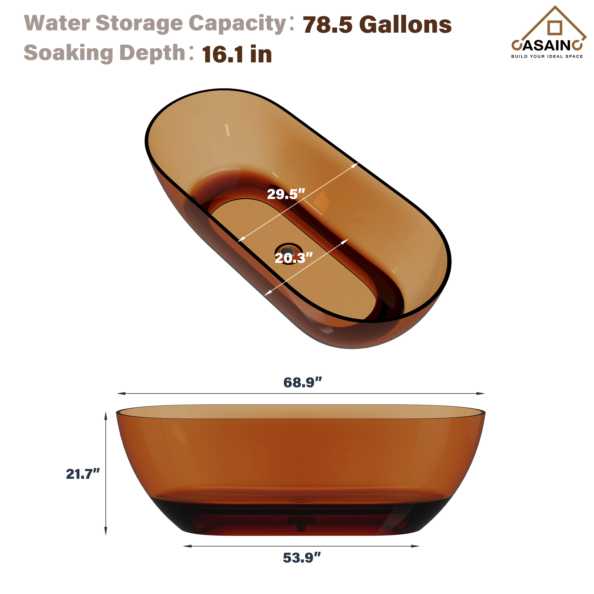 59"/69" Transparent Resin Freestanding Bathtub with Excellent Heat Retention