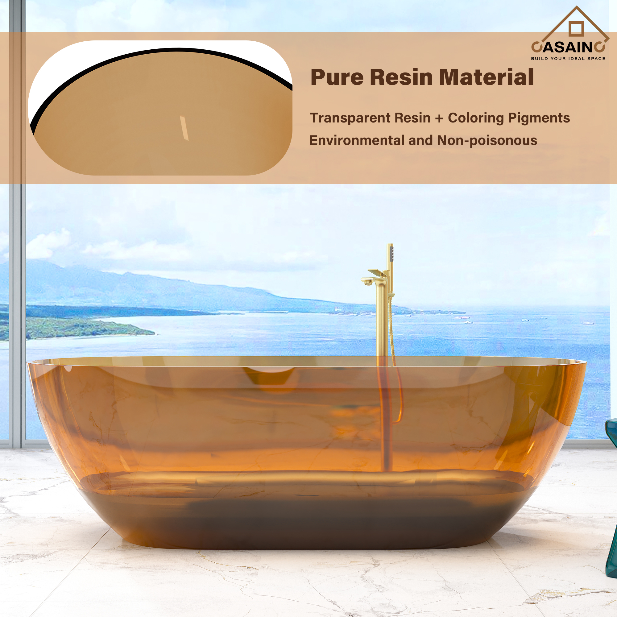 59"/69" Transparent Resin Freestanding Bathtub with Excellent Heat Retention