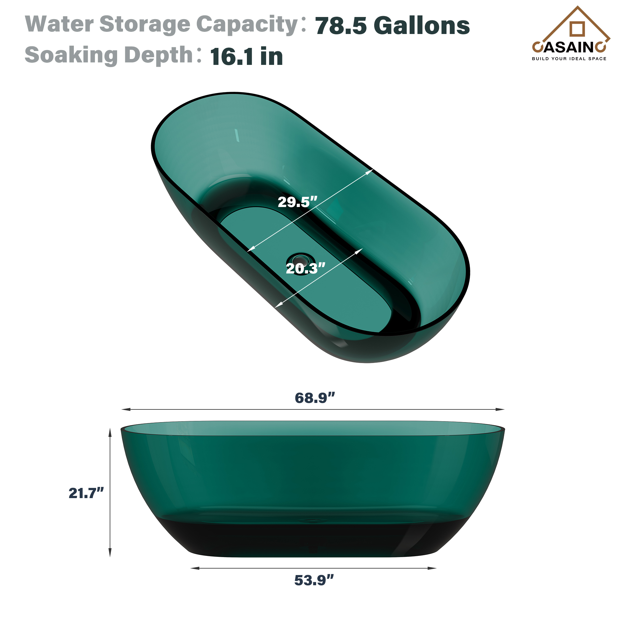 59"/69" Transparent Resin Freestanding Bathtub with Excellent Heat Retention