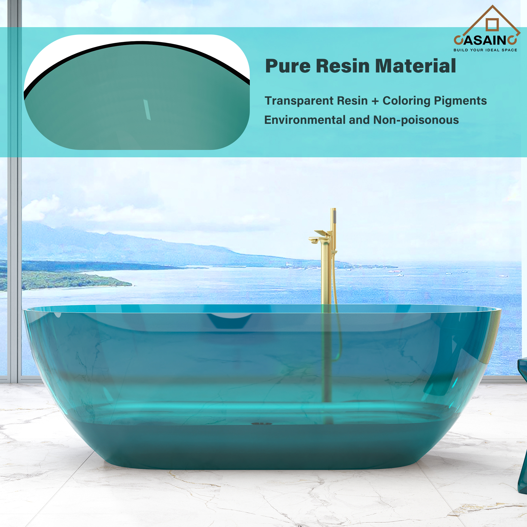 59"/69" Transparent Resin Freestanding Bathtub with Excellent Heat Retention