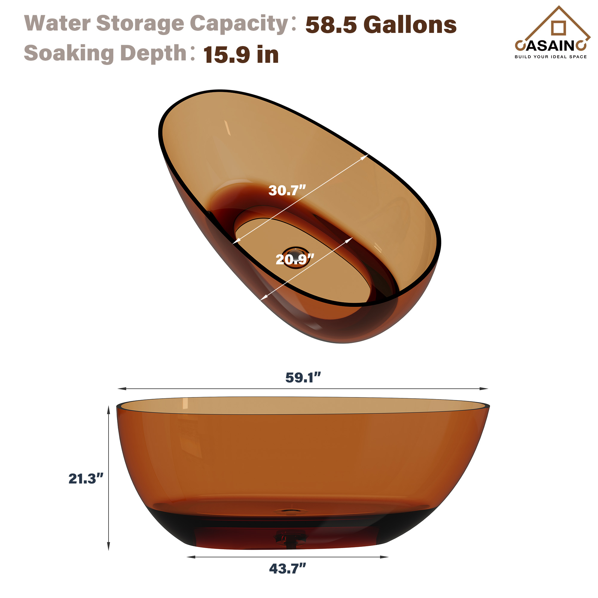 59"/67" Egg-Shaped Transparent Pure Resin Adult Freestanding Bathtub