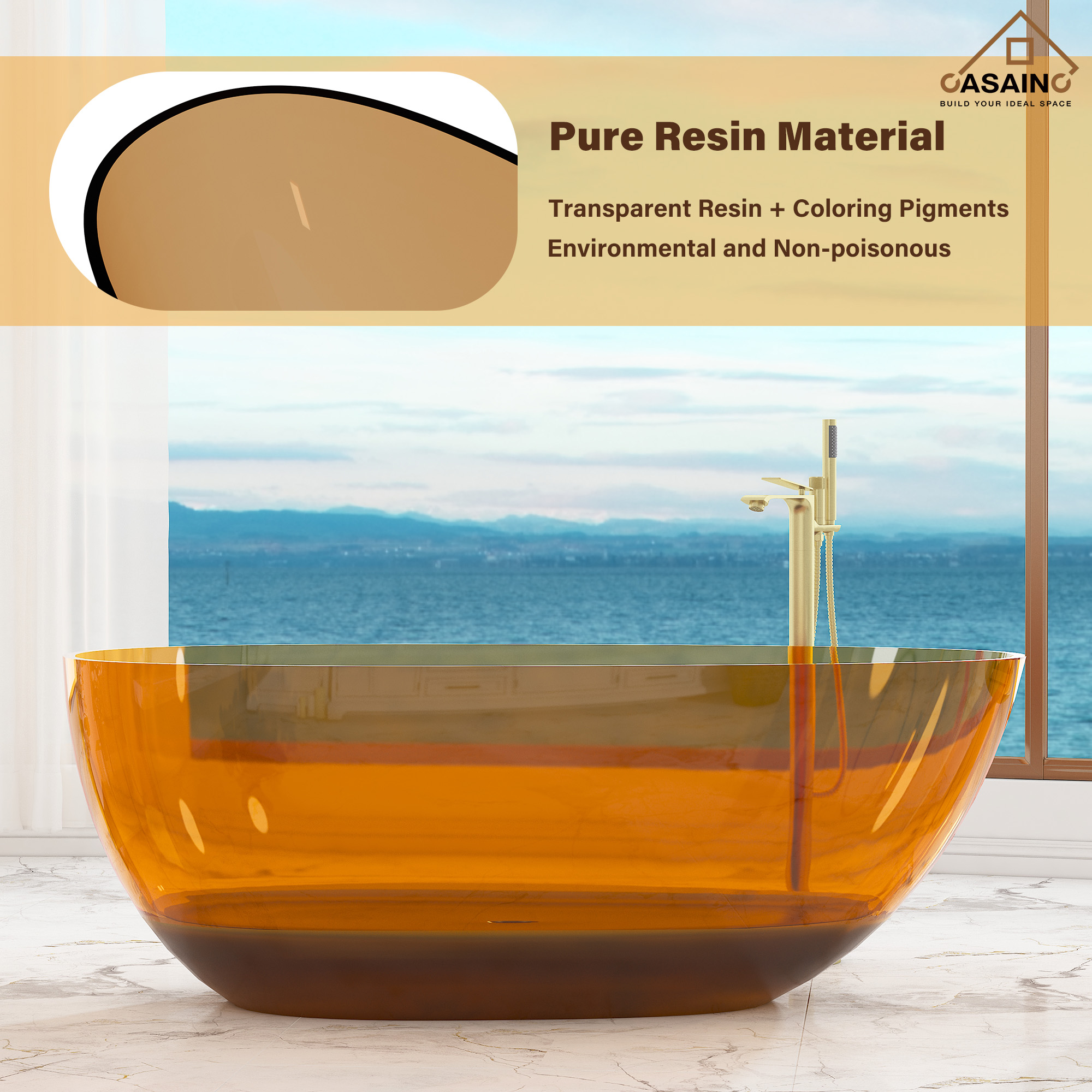 59"/67" Egg-Shaped Transparent Pure Resin Adult Freestanding Bathtub