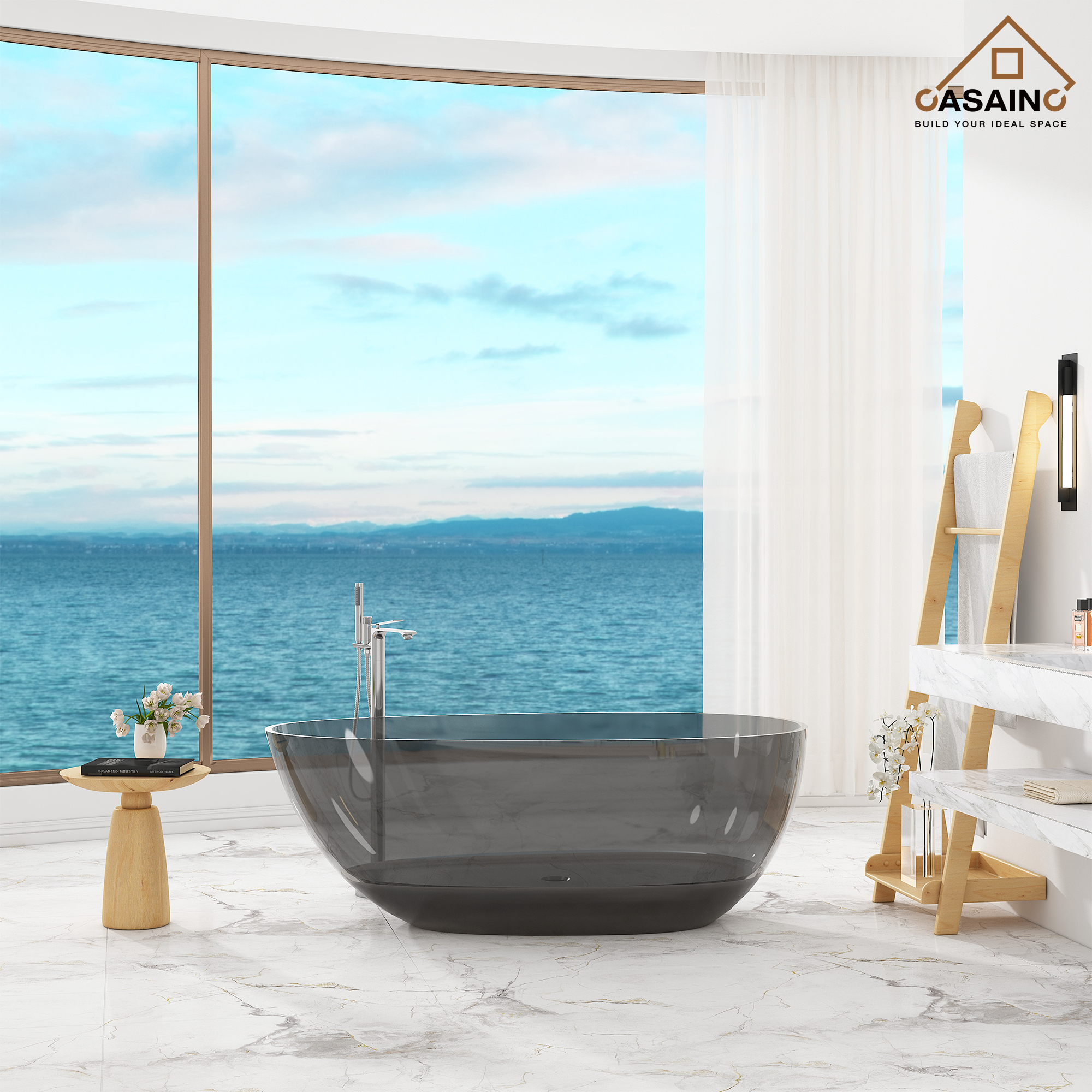 59"/67" Egg-Shaped Transparent Pure Resin Adult Freestanding Bathtub