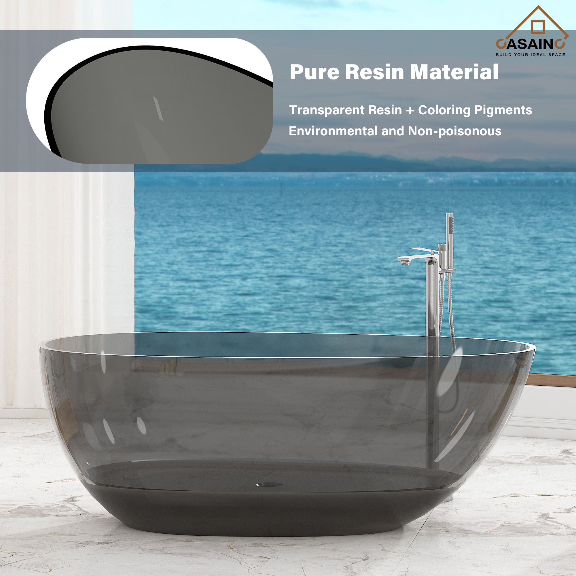 59"/67" Egg-Shaped Transparent Pure Resin Adult Freestanding Bathtub