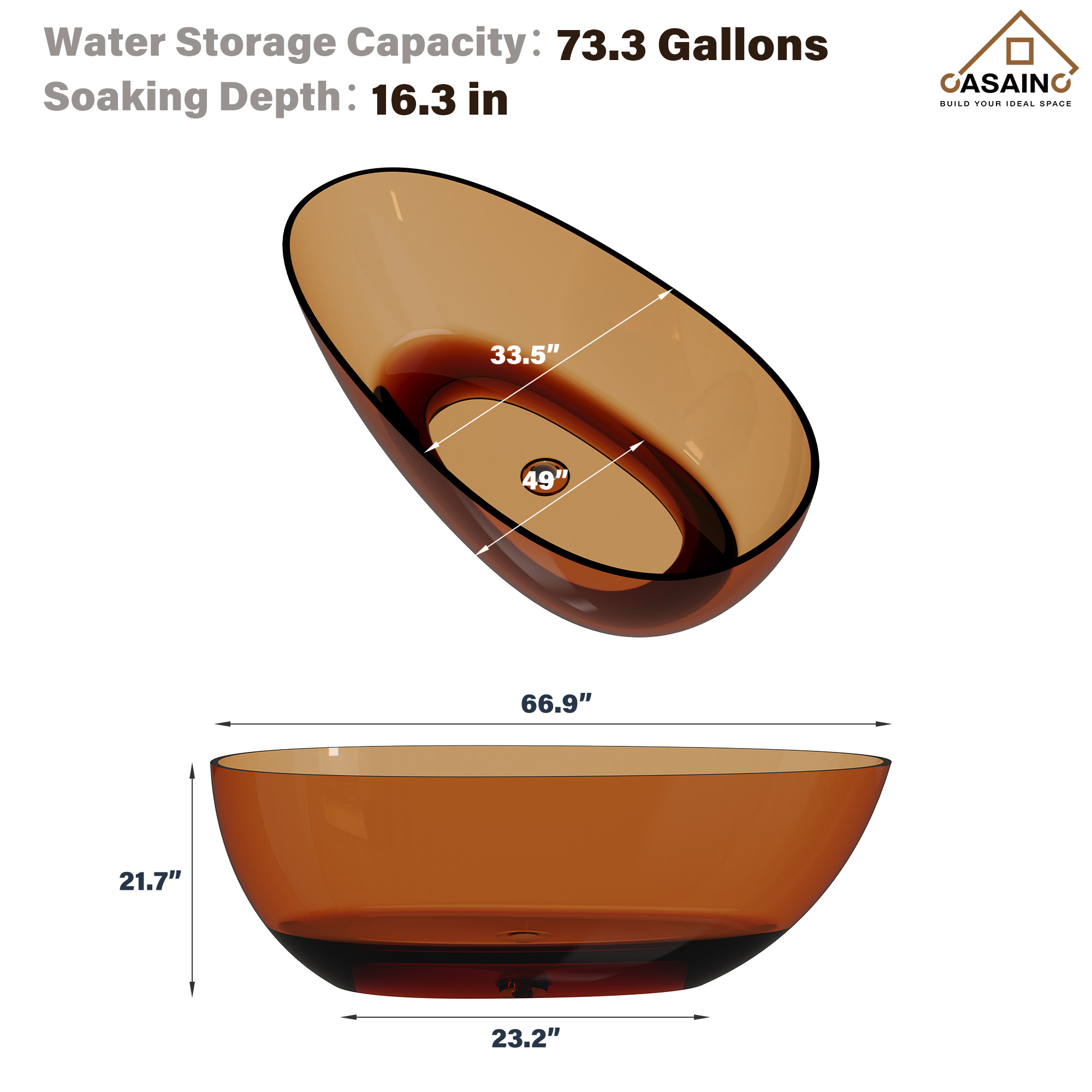 59"/67" Egg-Shaped Transparent Pure Resin Adult Freestanding Bathtub