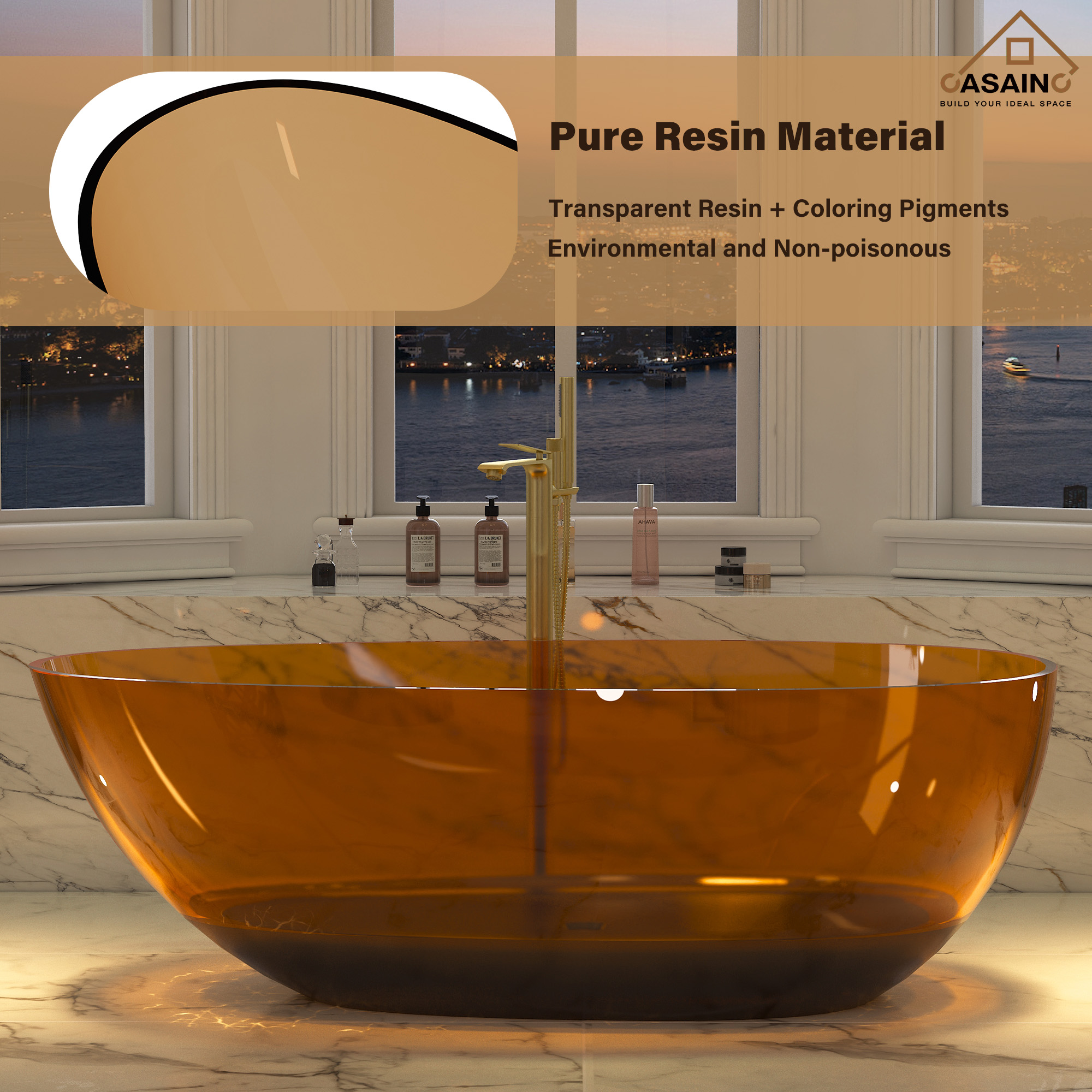 59"/67" Egg-Shaped Transparent Pure Resin Adult Freestanding Bathtub