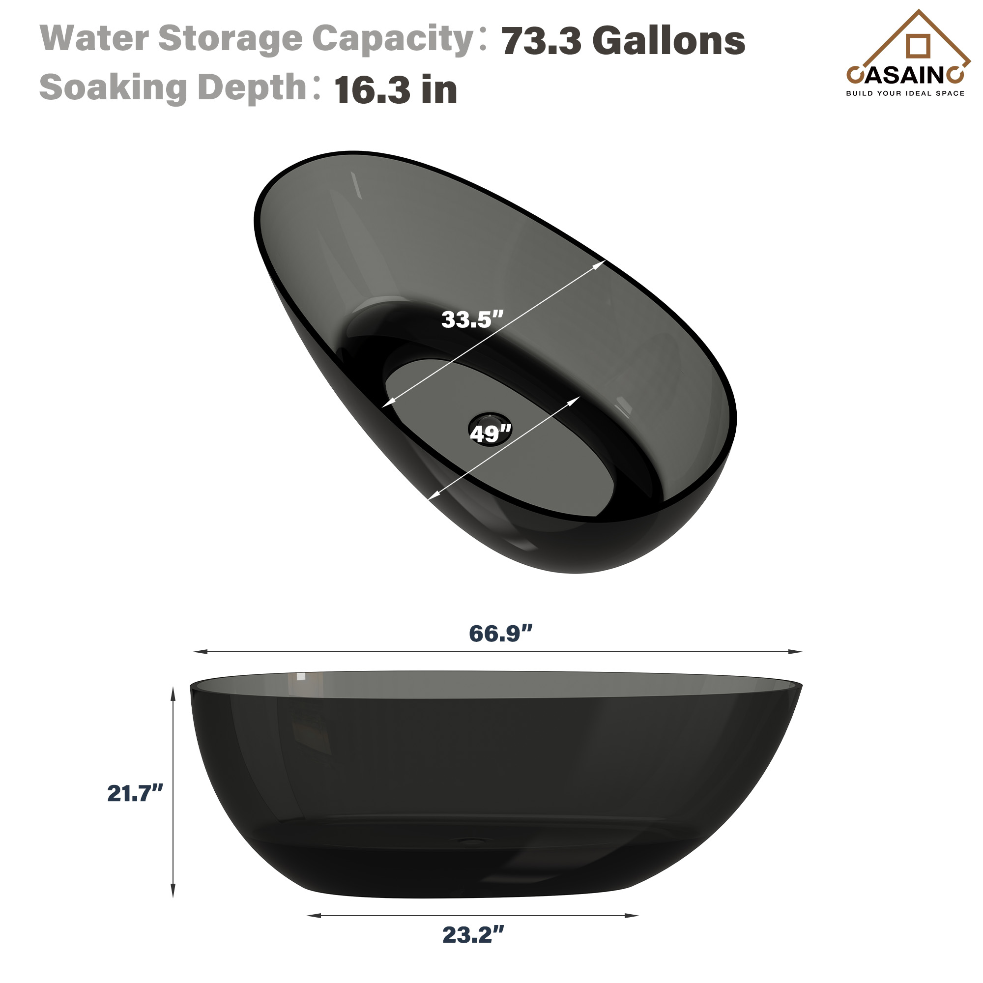 59"/67" Egg-Shaped Transparent Pure Resin Adult Freestanding Bathtub