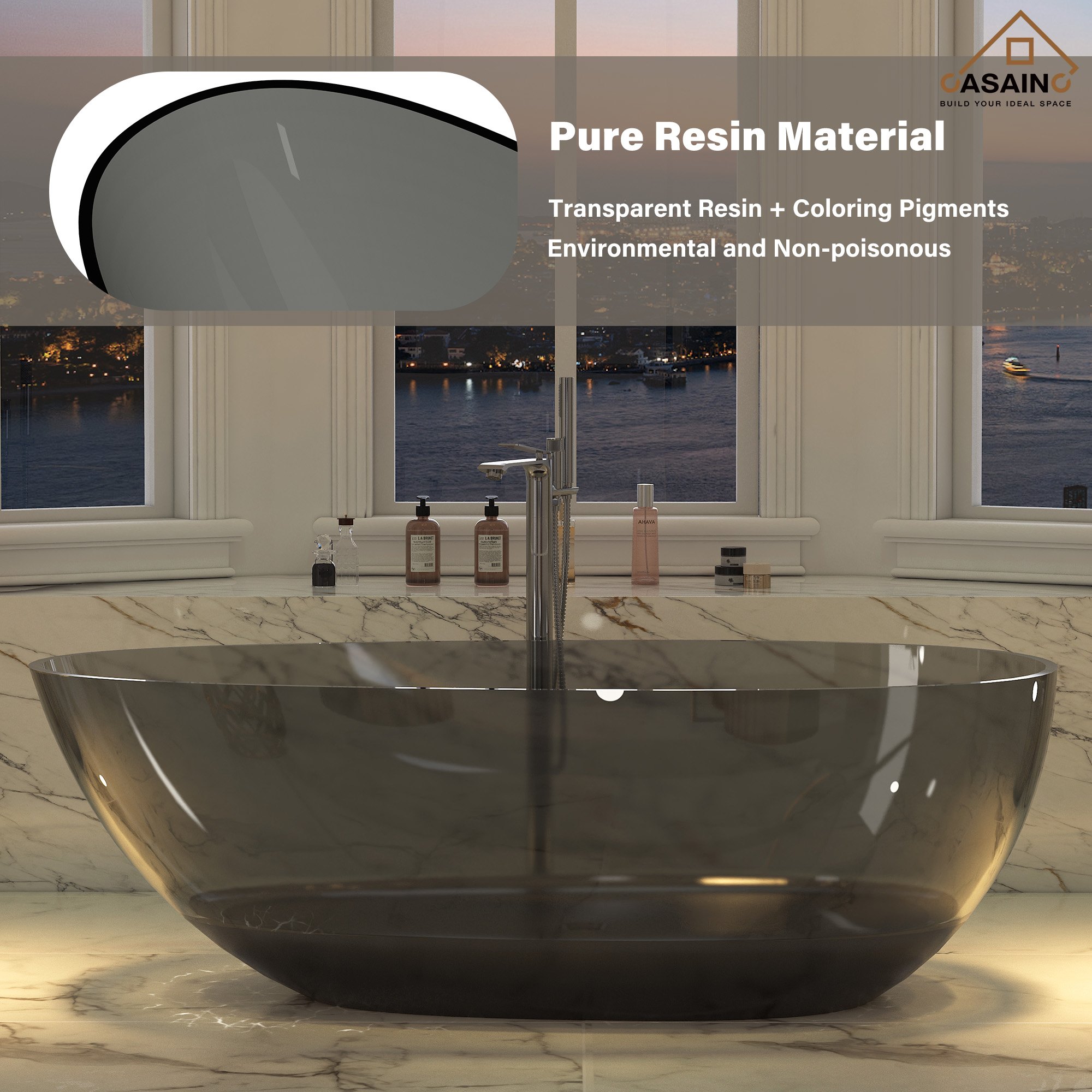 59"/67" Egg-Shaped Transparent Pure Resin Adult Freestanding Bathtub