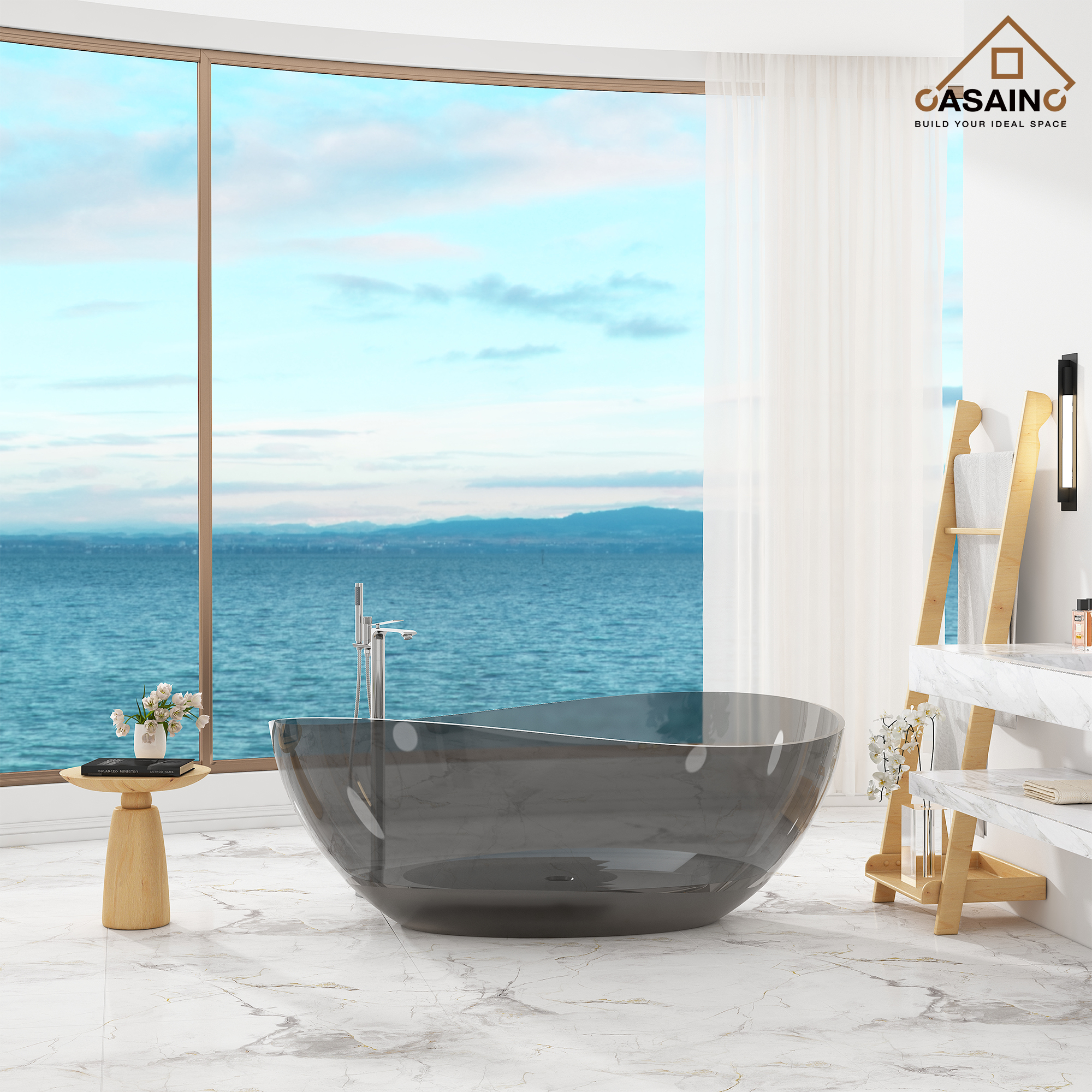 63" Unique Shaped Transparent Resin Freestanding Bathtub with Central Drain