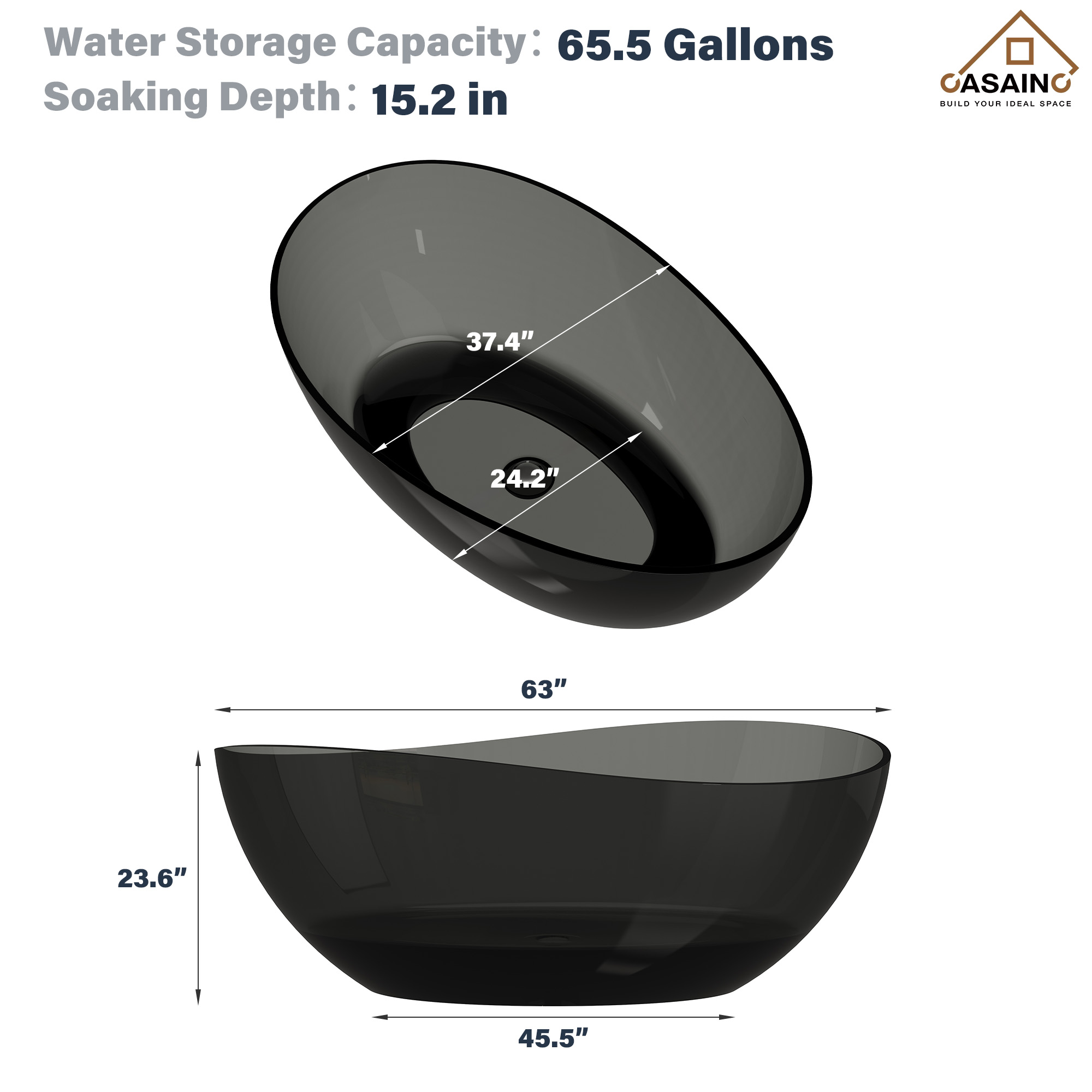 63" Unique Shaped Transparent Resin Freestanding Bathtub with Central Drain